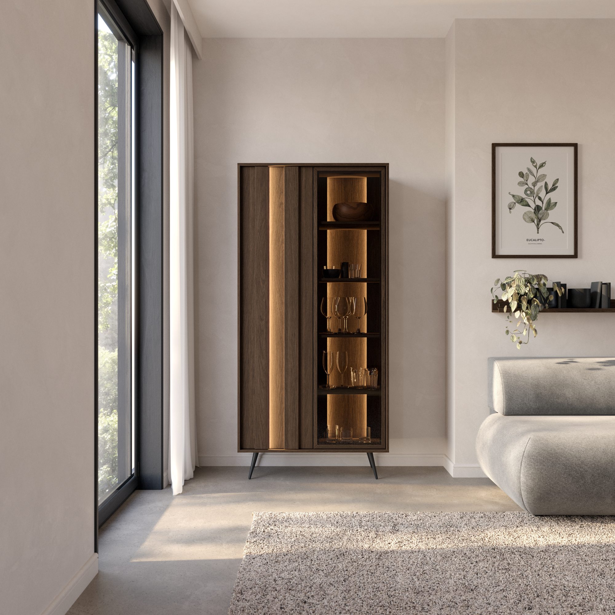 Wohnzimmer-Arrangement mit Vitrine und Möbeln der Bervano-Kollektion