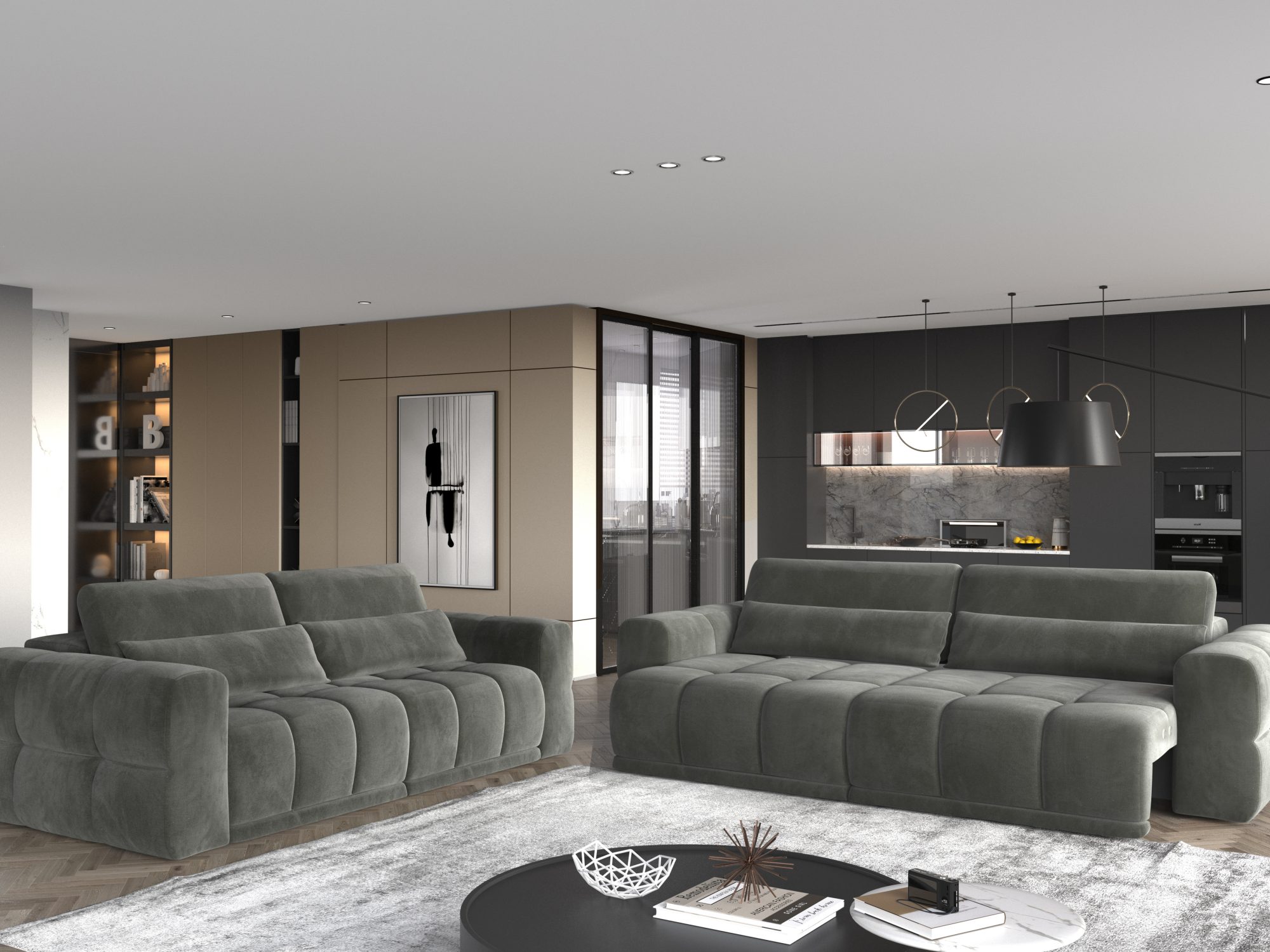 Sofa Lagvero mit beiden zum Schlafen ausgefahrenen Sitzflächen