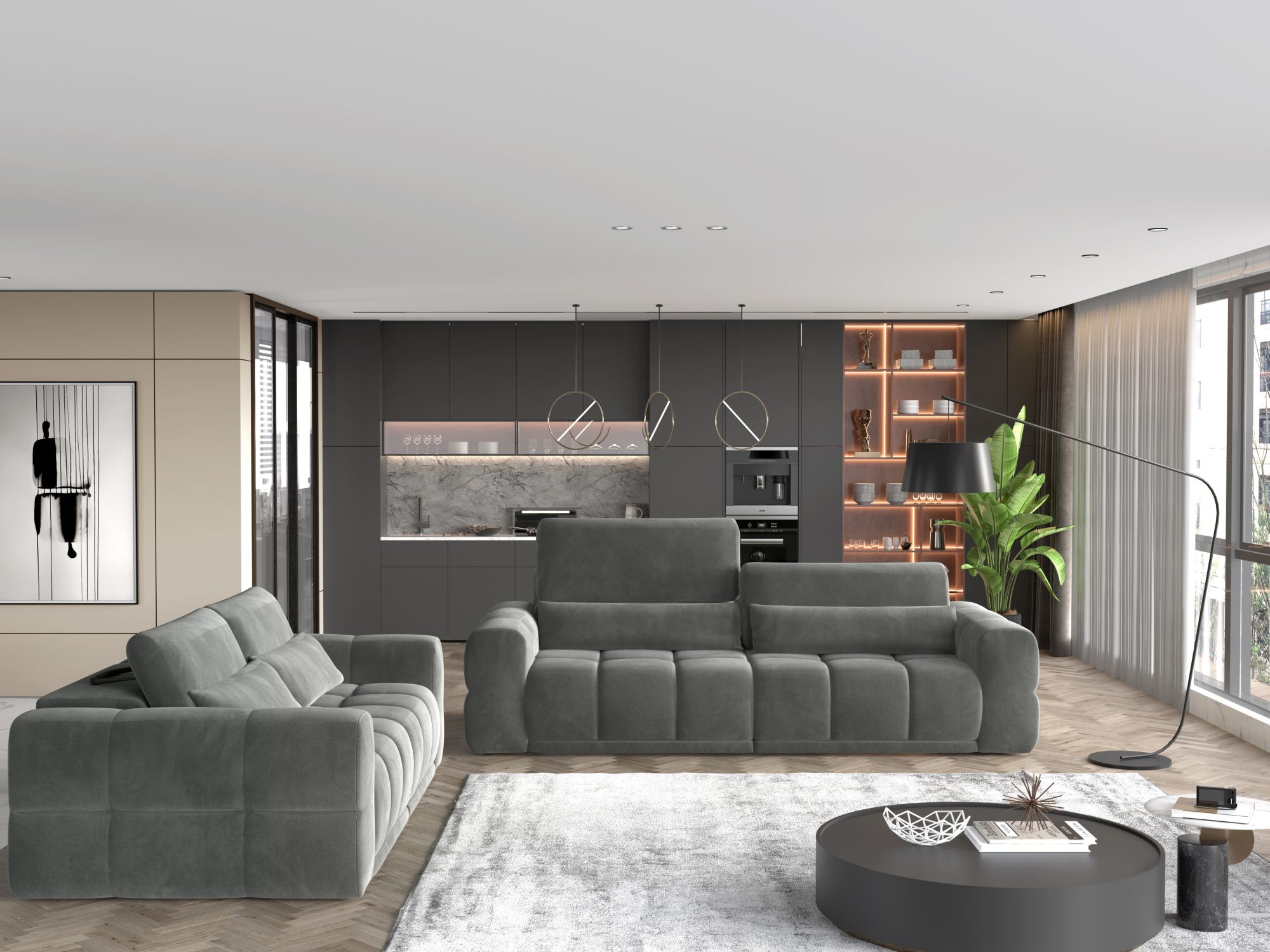 Lagvero Sofas im Wohnzimmer, eine Kopfstütze hochgeklappt
