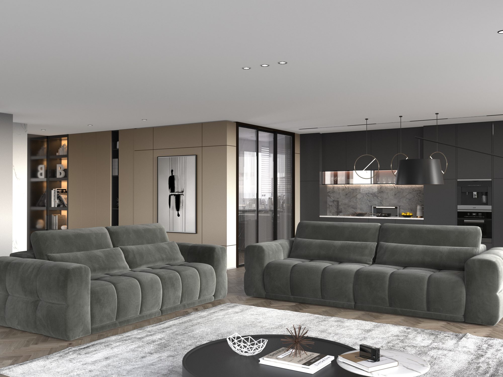 Lagvero Sofas 260 und 290 cm im modernen Wohnzimmer mit Küche