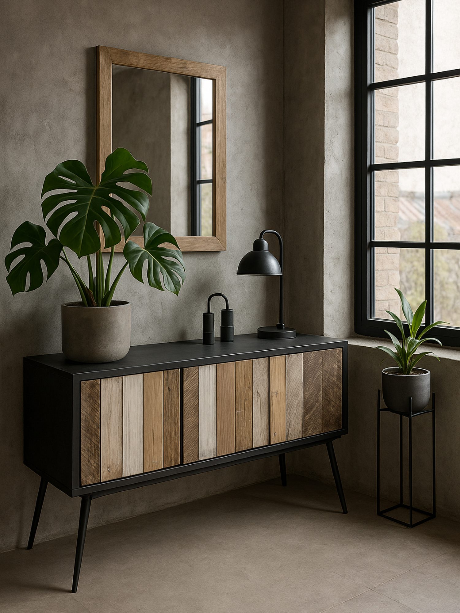 Kommode Mondo mit dekorativen Fronten in einem Wohnzimmer mit Fenster und Pflanzen