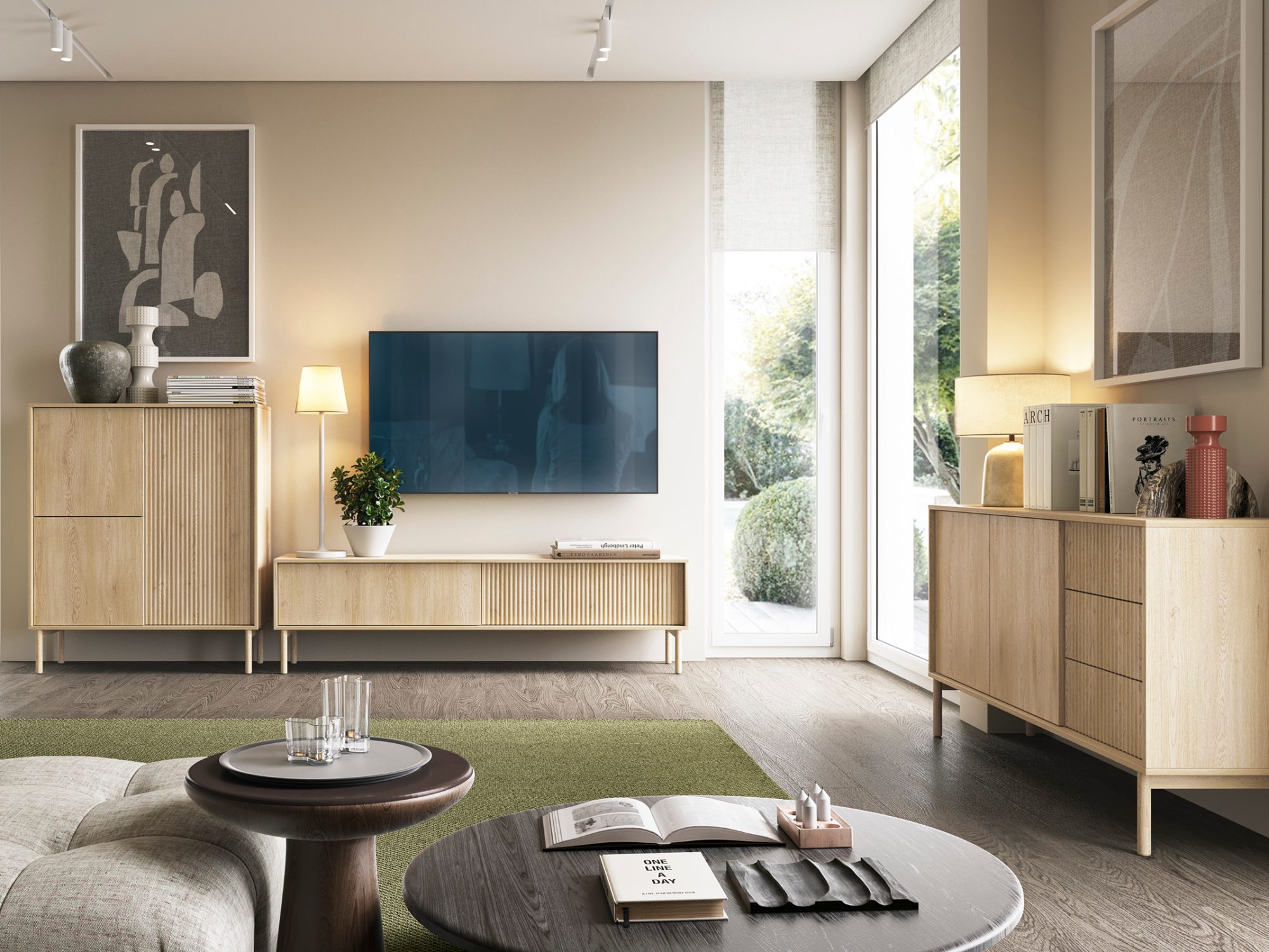 Wohnzimmer-Arrangement mit Möbeln der Kollektion Pavello Eiche Cremona