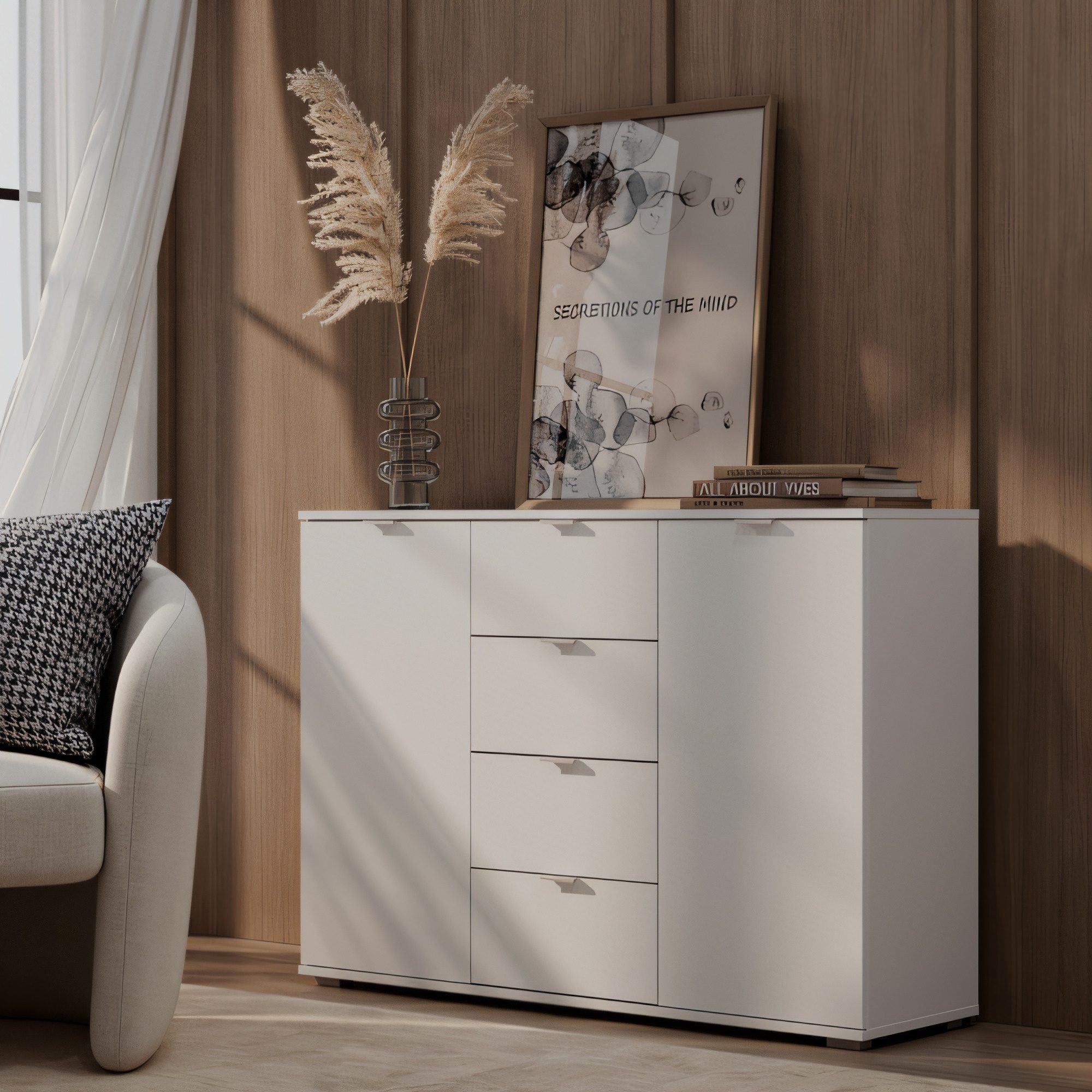 Wohnbeispiel der Kollektion Selmario mit weißer Kommode 120 cm