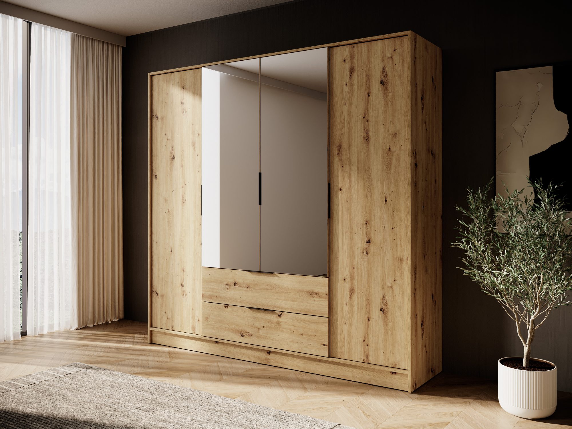Šatní skříň Kardena dub artisan se zrcadlem v interiéru ložnice
