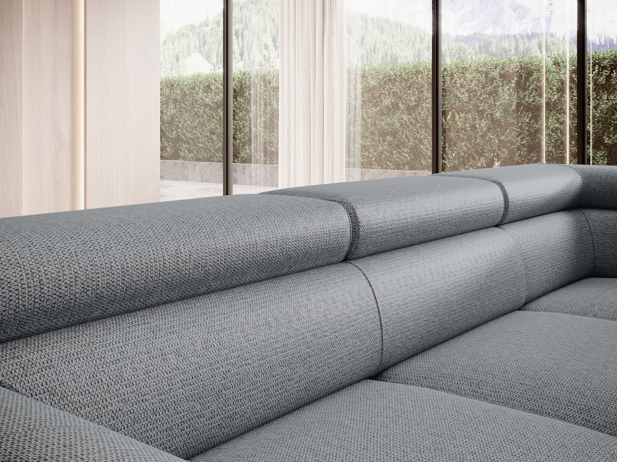 Rohová sedací souprava Ravero 257 cm – detail opěrek hlavy a sedáků