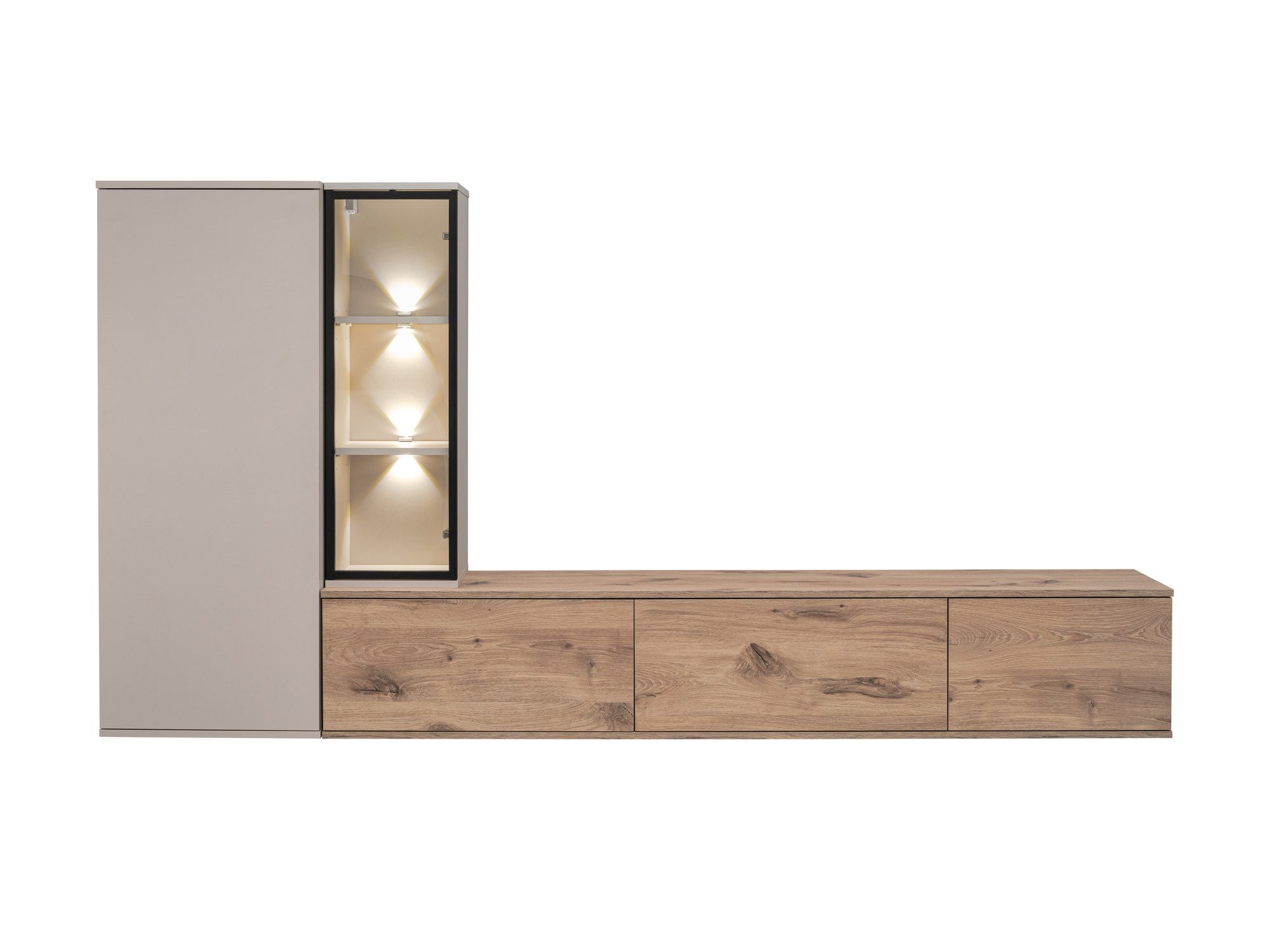 Obývací stěna s LED vitrínou Calvessa 240 cm, dub Viking a kašmír