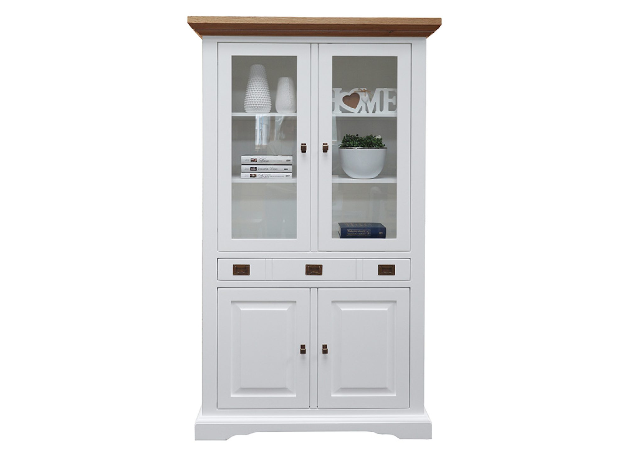 Weiße Vitrine LOGAN mit Holzkranz und Unterschrank