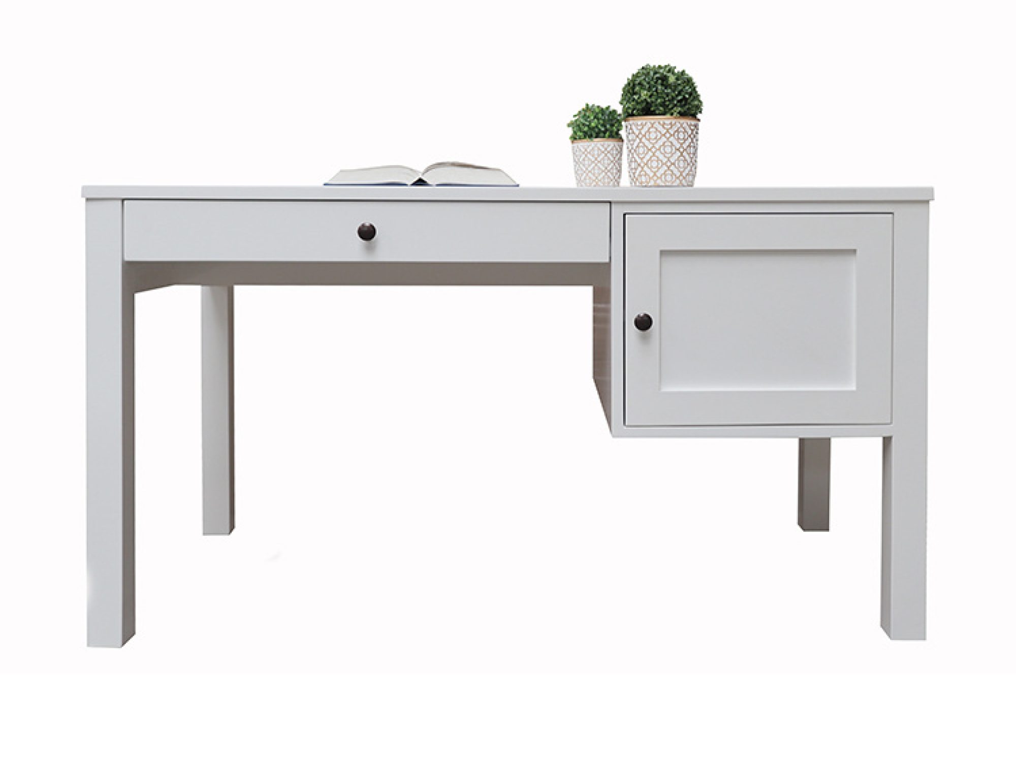 Weißer Schreibtisch ALAMOS 140 cm mit Schublade und Schrank rechts – Frontansicht