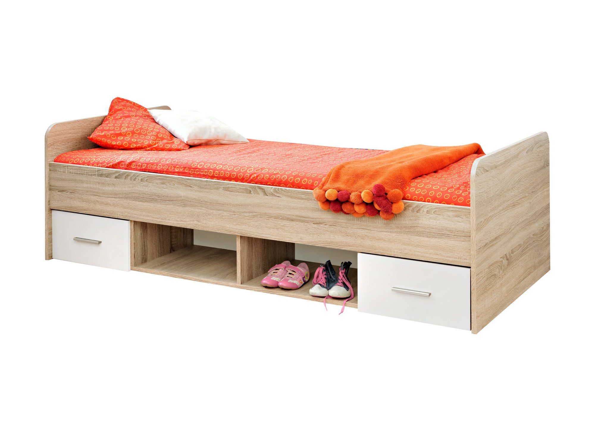 Dinvoro Bett mit 2 Schubladen und 2 Fächern, Sonoma Eiche Weiß