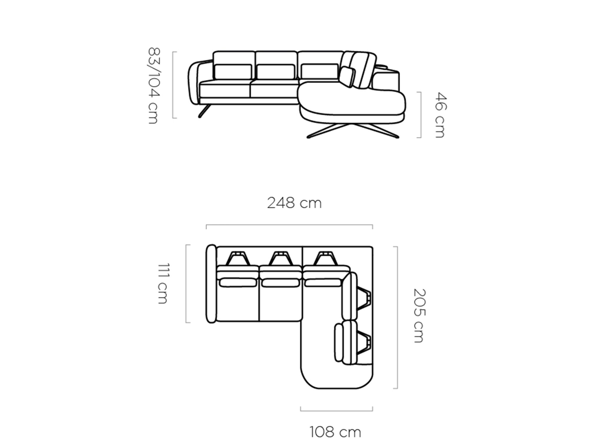 Rozměrový nákres rohové sedací soupravy Ilviano 248 cm