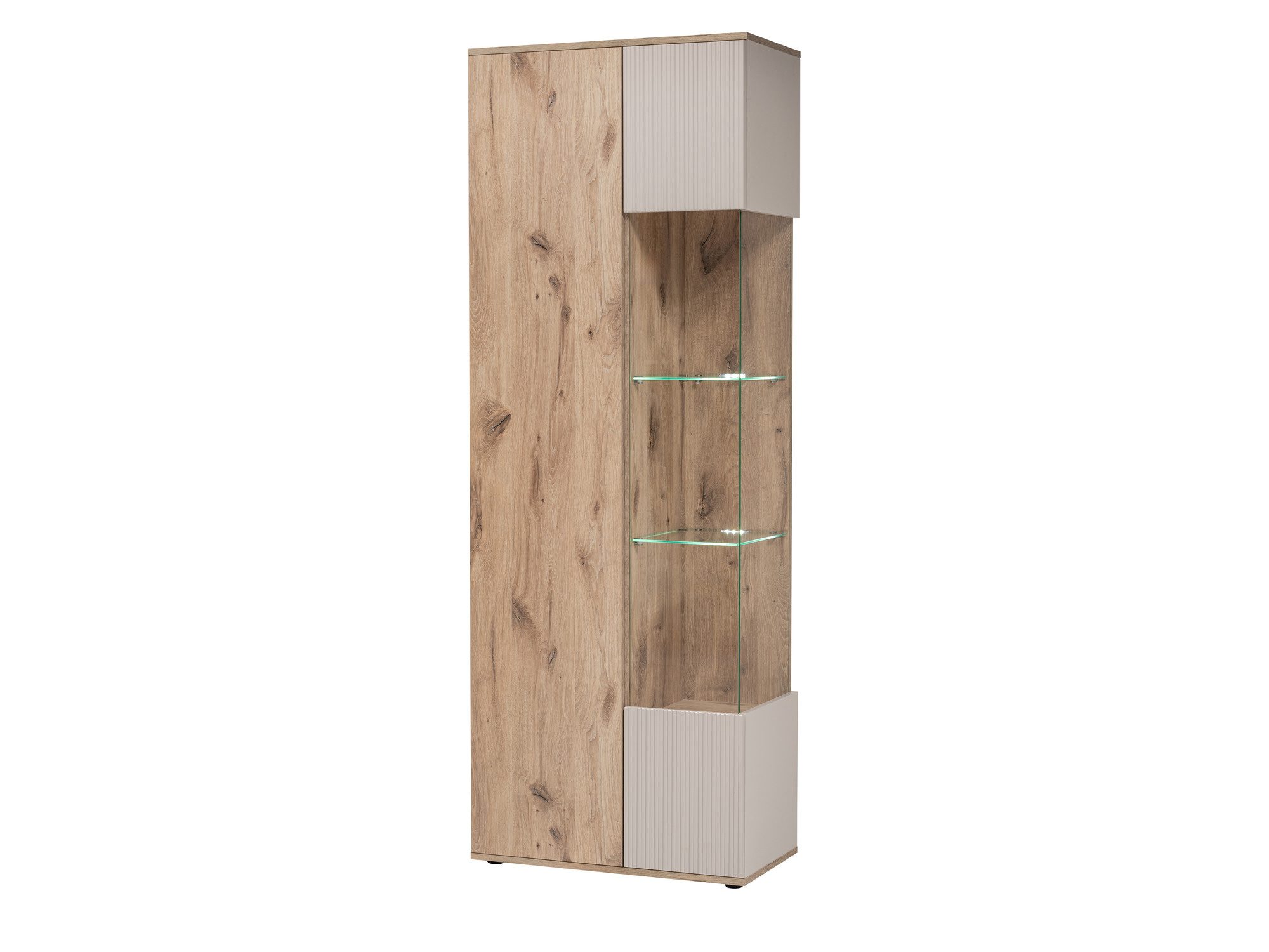 Hohe Glasvitrine Cativaro 70 cm in Viking Eiche und Kaschmir