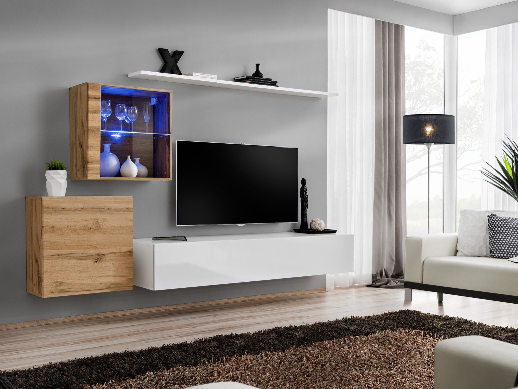 Obývací stěna Kelmoro 260 cm dub wotan a bílá s LED osvětlením