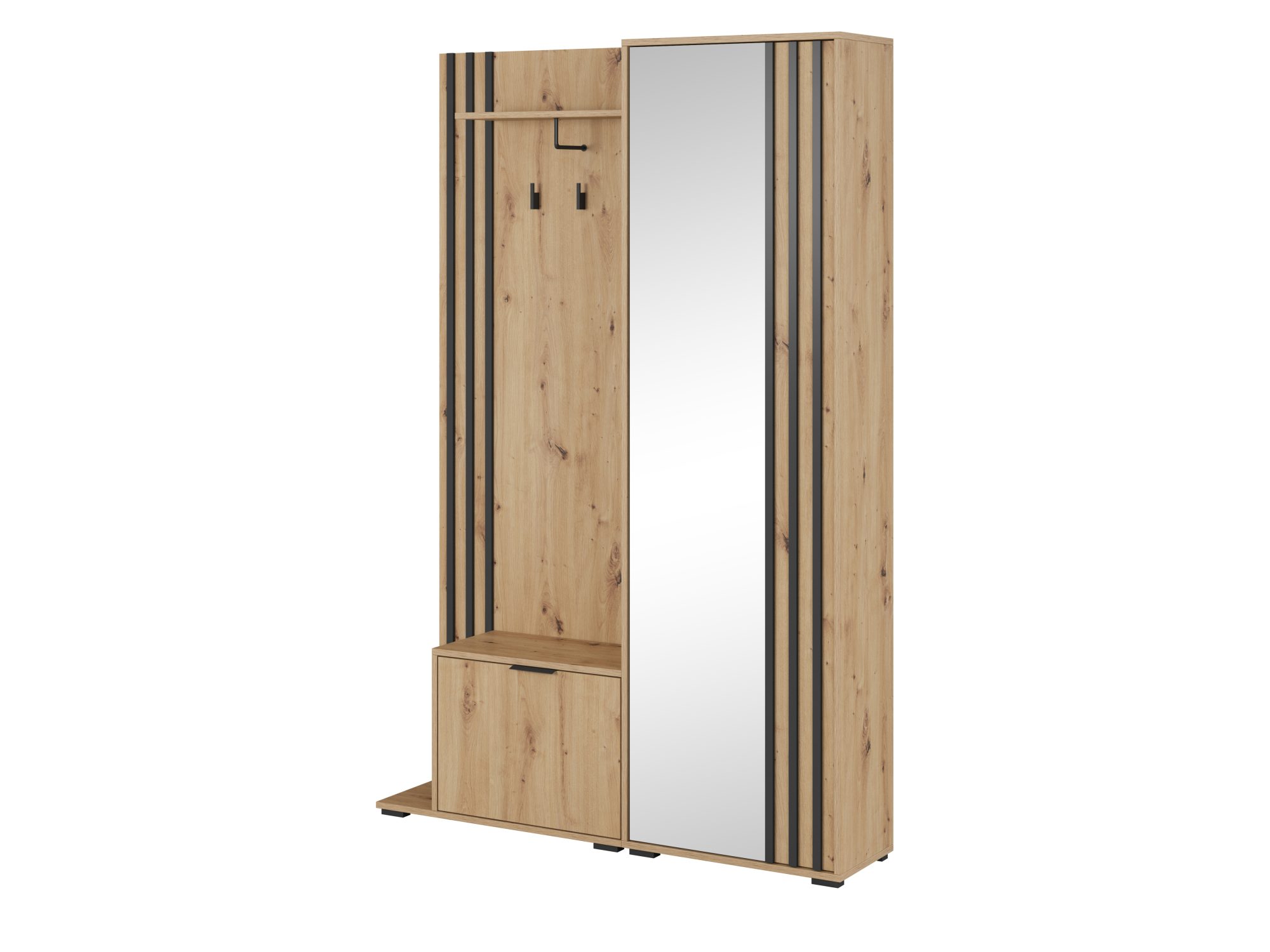 Garderobe Dely in Artisan Eiche mit schwarzen Lamellen – Spiegel, Haken und geschlossener Schrank