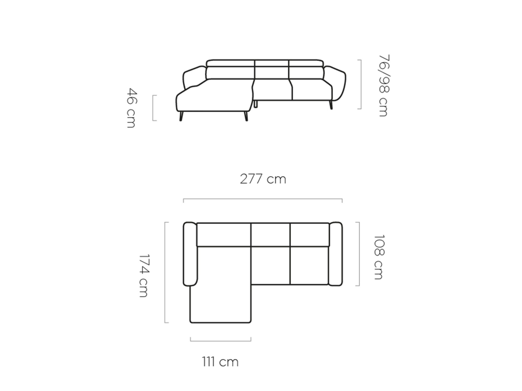 Maßskizze des Ecksofas Rivello mit Angaben zu Breite, Tiefe und Höhe