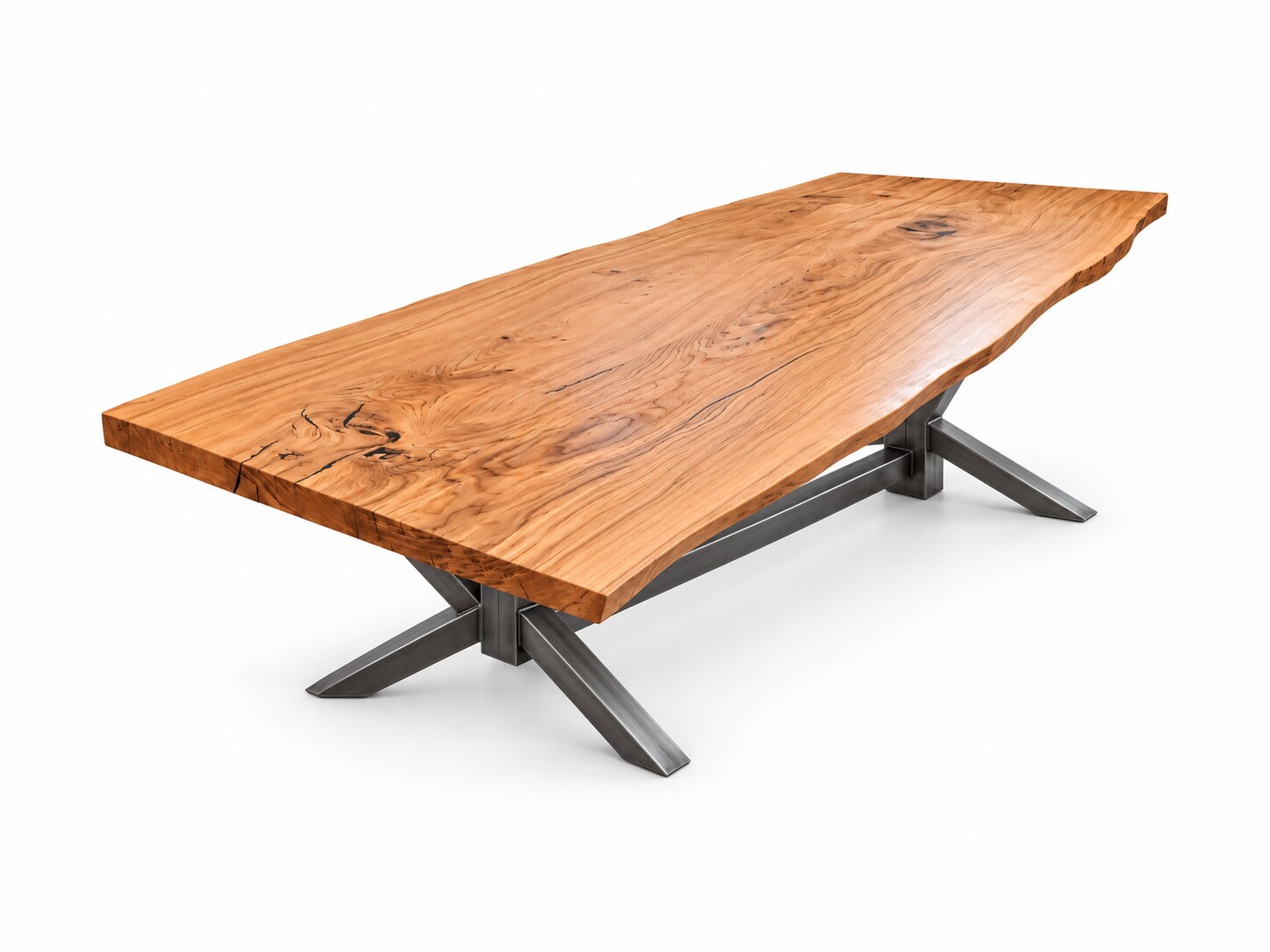 Großer Eichentisch COLOSSO 400x135 cm aus zwei Bohlen mit Spider-Stahlgestell – Produktfoto vor weißem Hintergrund
