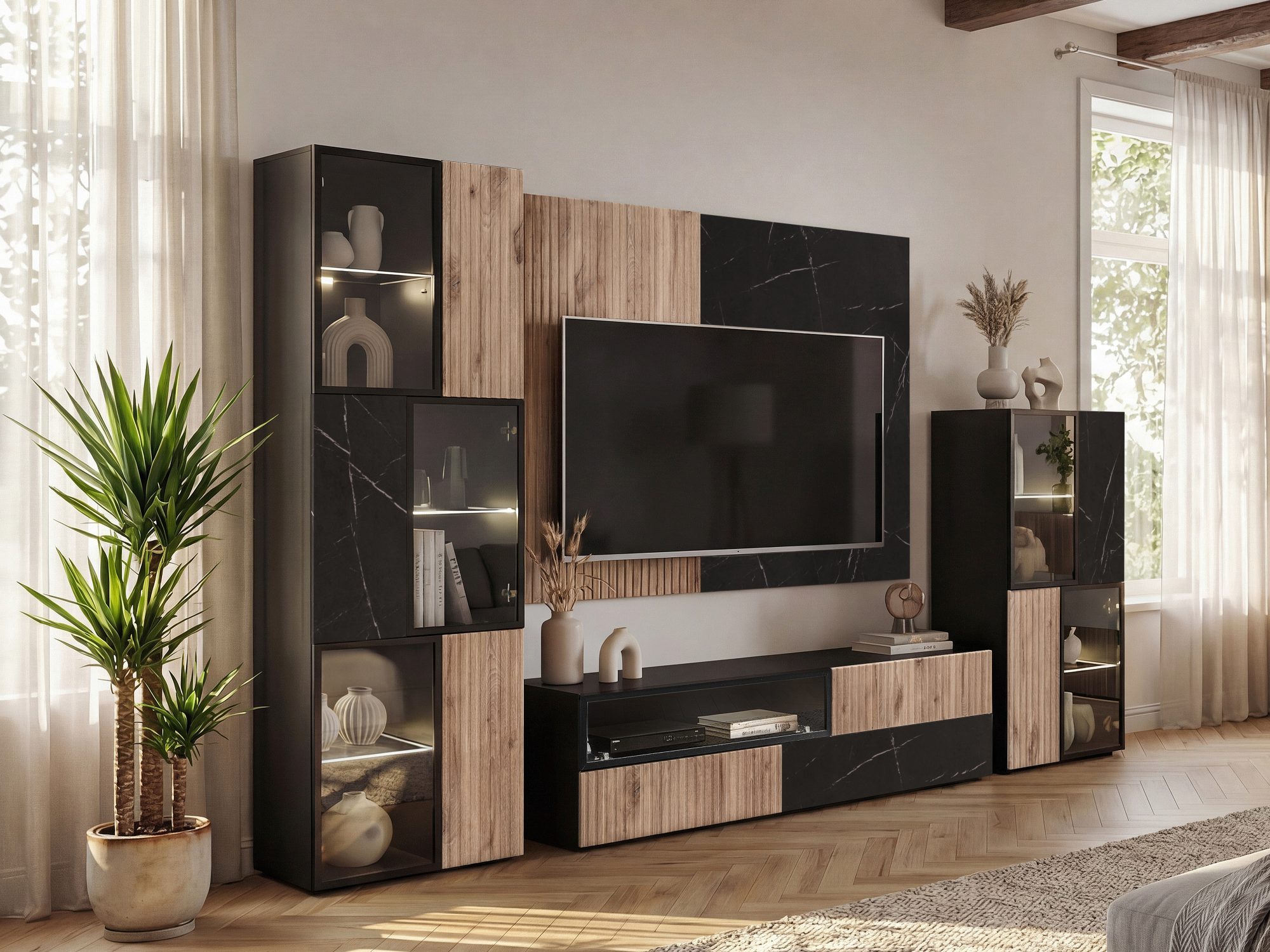 Wohnwand Edorino 280 cm mit zwei Vitrinen – Wohnbeispiel