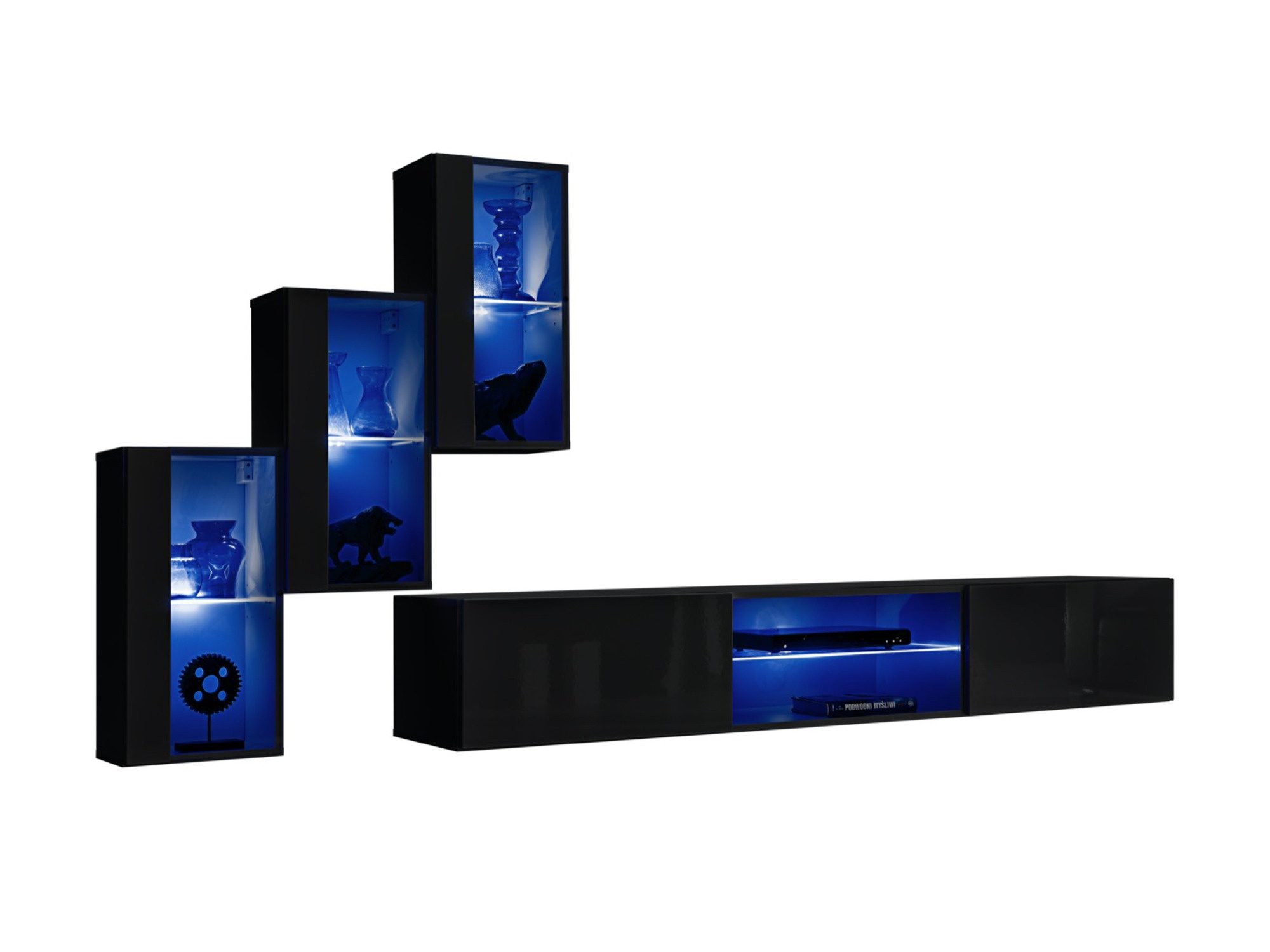 Wohnwand Kelmoro 210 cm in Schwarz mit LED-Beleuchtung