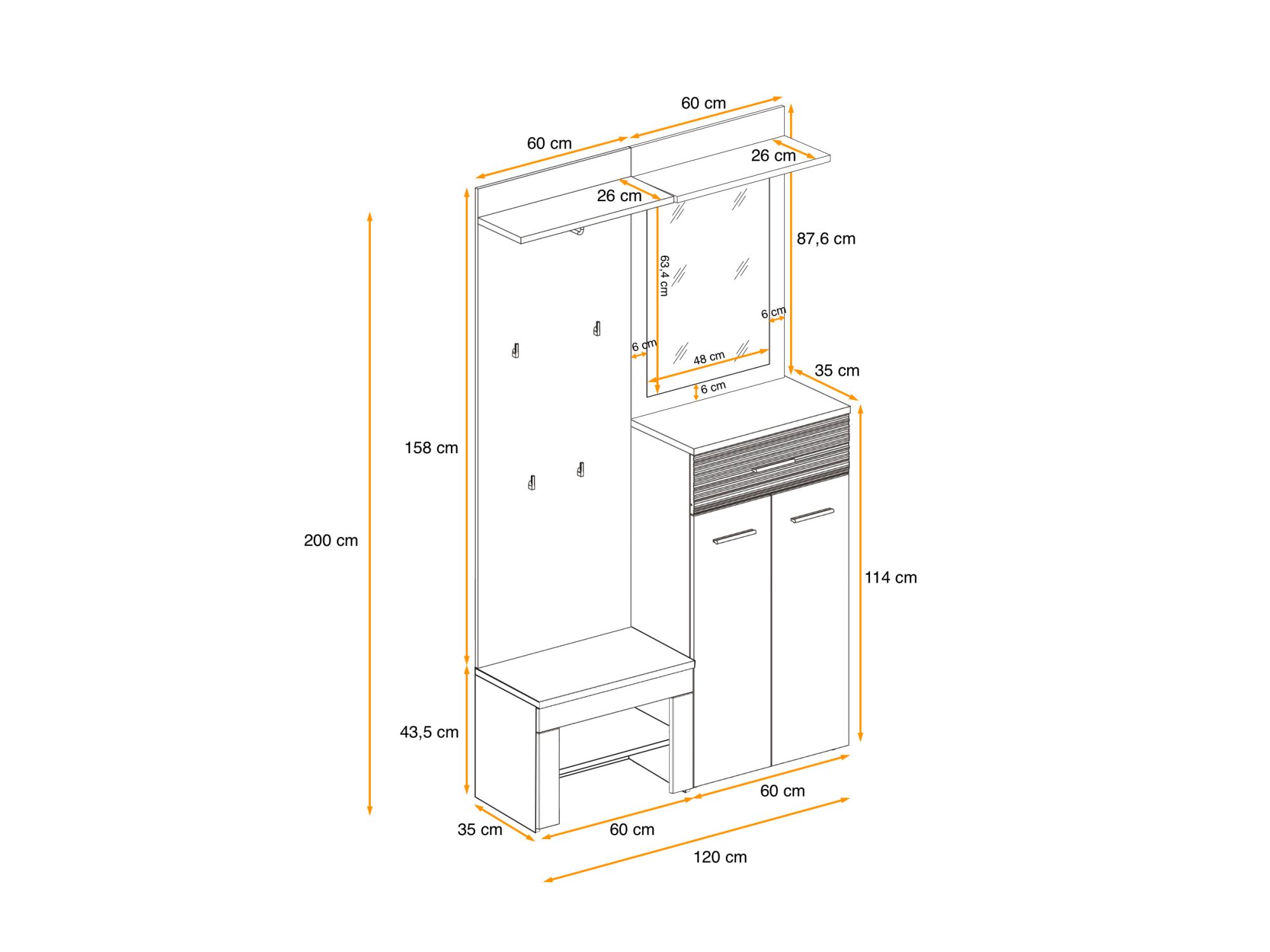 Maße der Garderobe Melvoro 120 cm Weiß Wellington Eiche