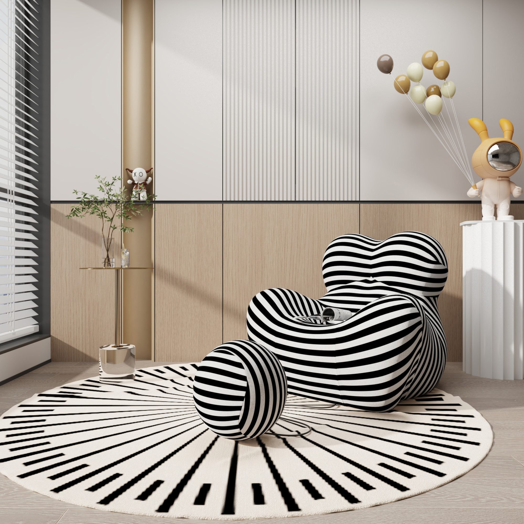 Schwarz-weißer Zenith Sessel mit Hocker in einem modernen Wohnzimmer