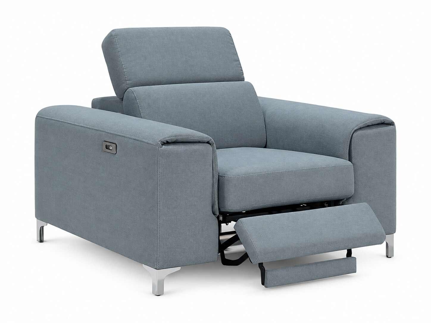 Sessel Nobravio 130 cm mit elektrischer Relaxfunktion, Fußstütze ausgefahren, blaugrauer Stoff, weißer Hintergrund