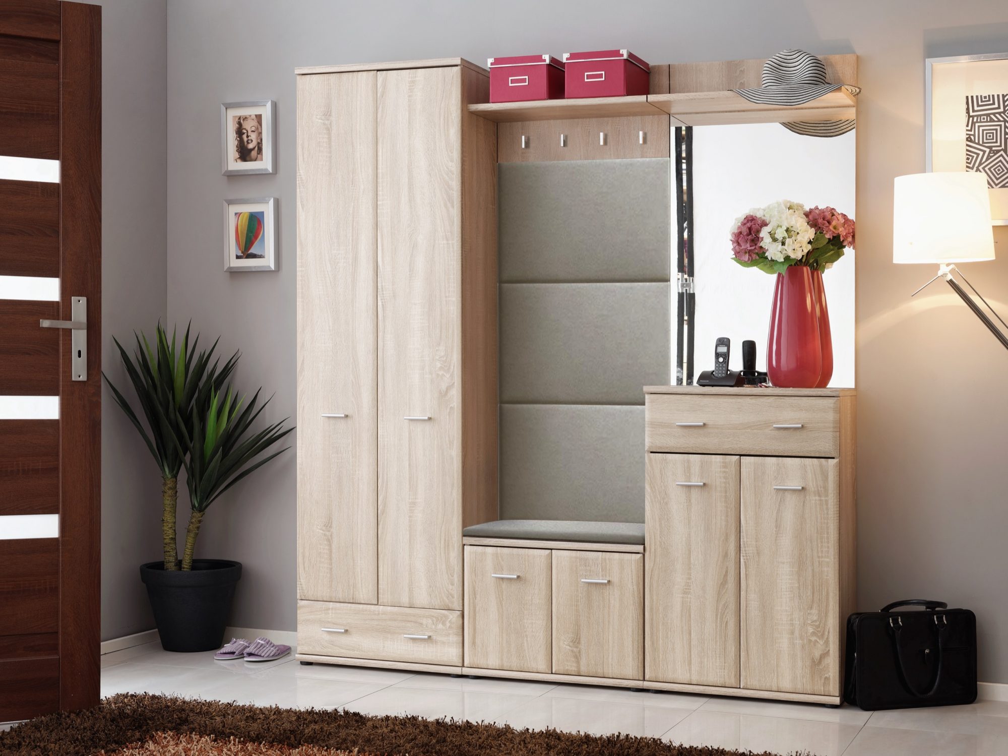 Předsíňová stěna se skříní, čalouněným panelem a zrcadlem Arvello 180 cm dub Sonoma