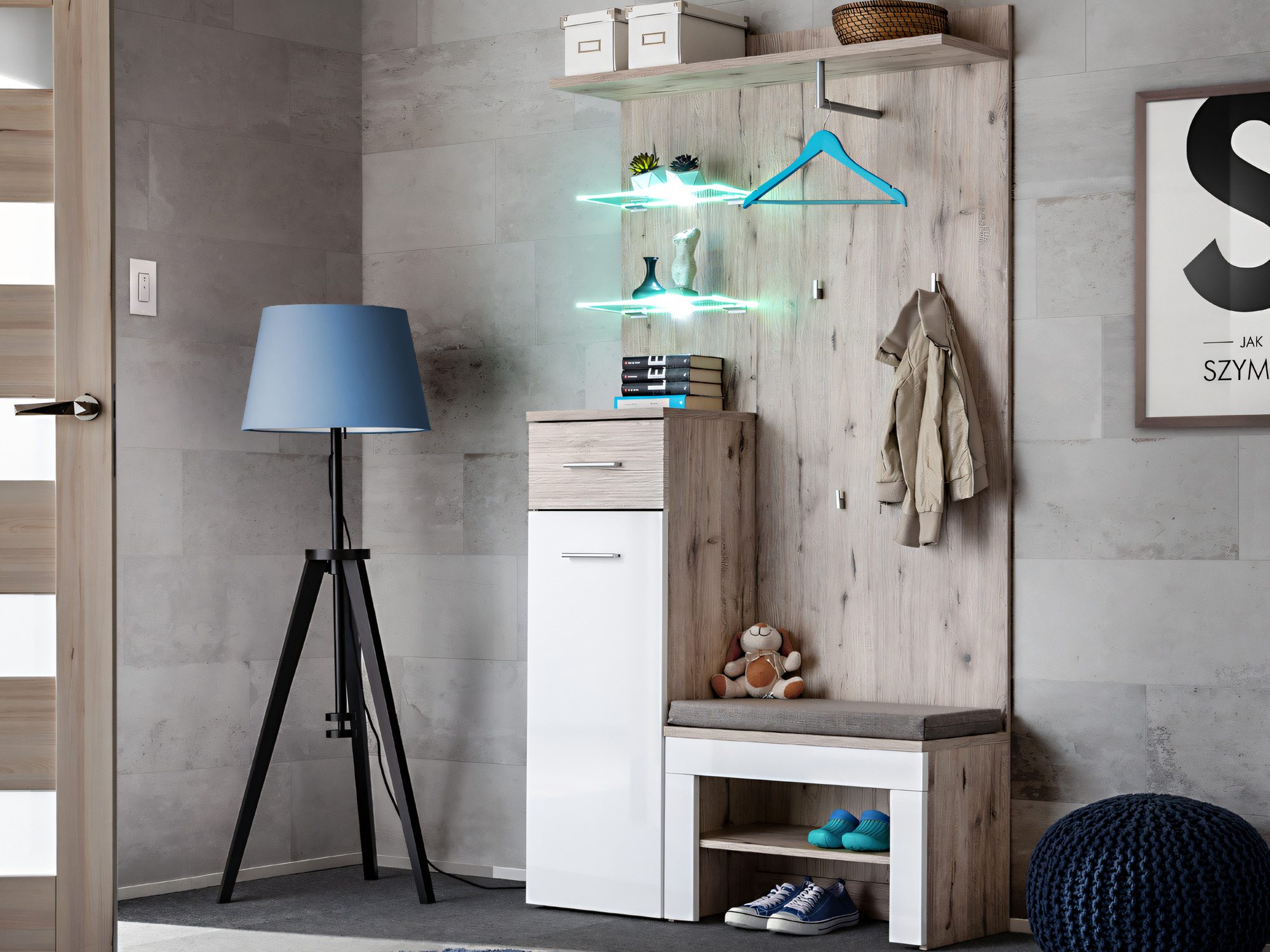 Garderobe mit LED-Panel und Kissen Melvoro 100 cm Wellington Eiche Weiß