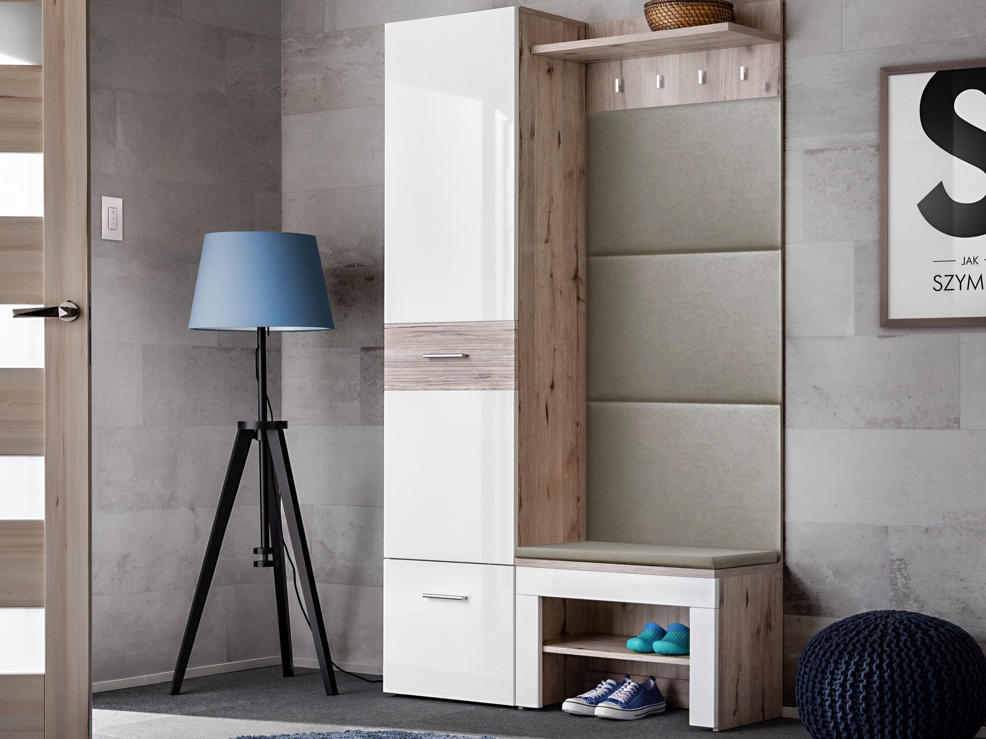 Garderobe mit Schrank und Paneel Melvoro 110 cm Wellington Eiche Weiß