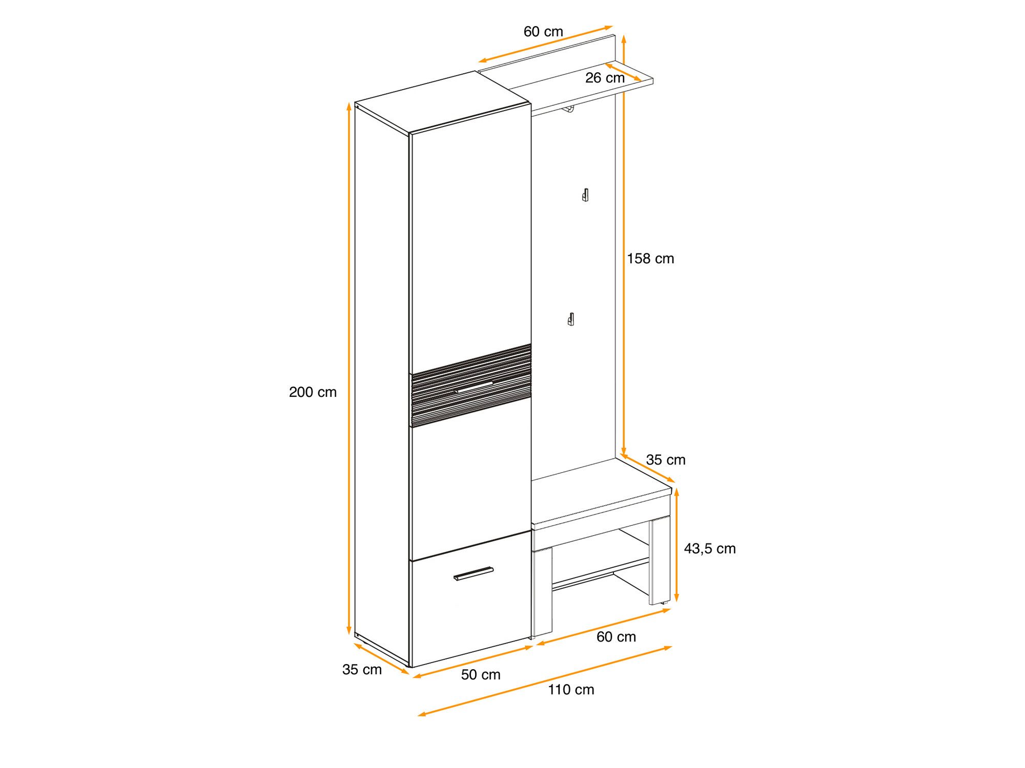 Gesamtmaße der Melvoro Garderobe 110 cm mit Sitzkissen