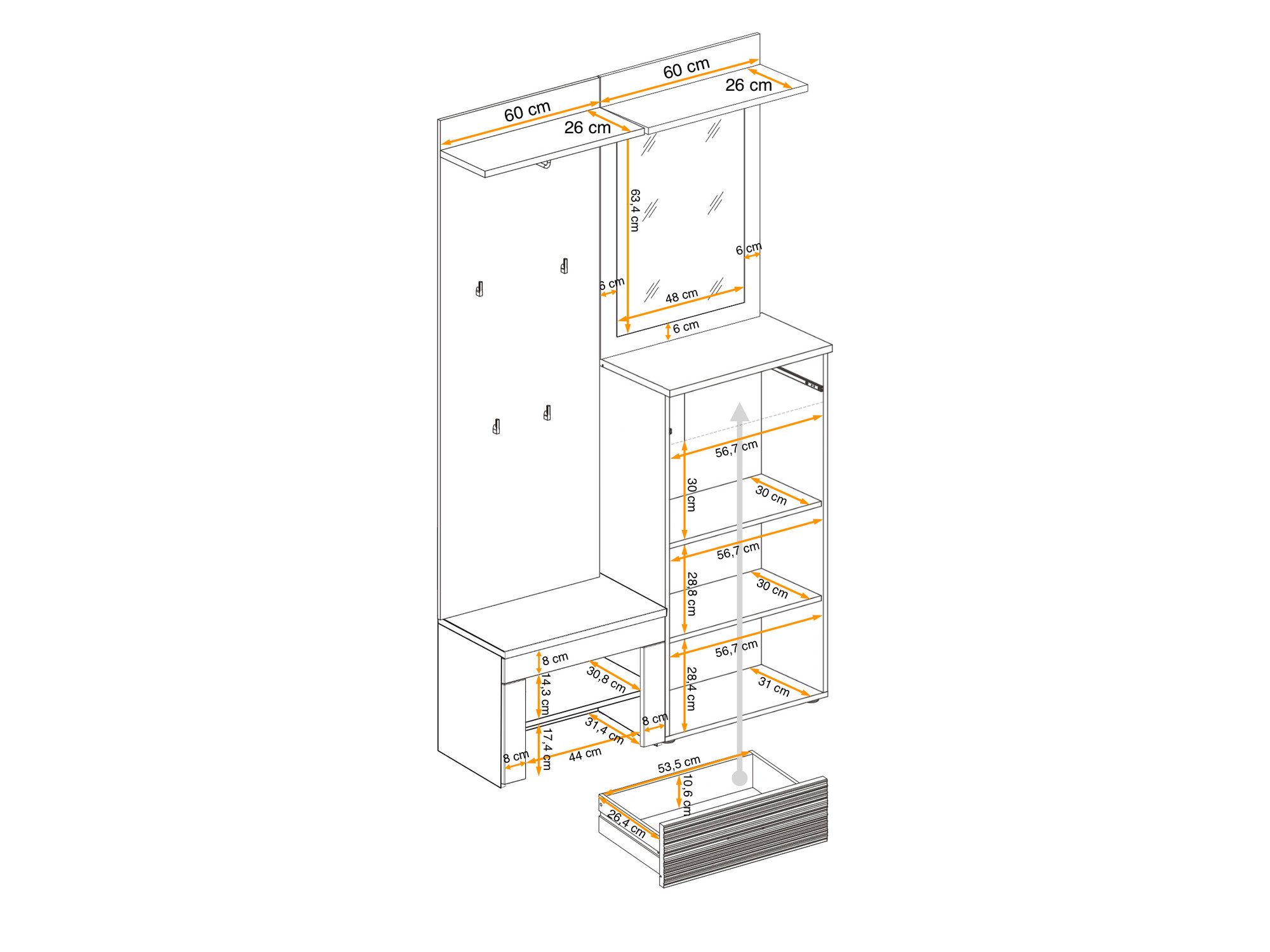 Anordnung der Elemente der Garderobe Melvoro 120 cm