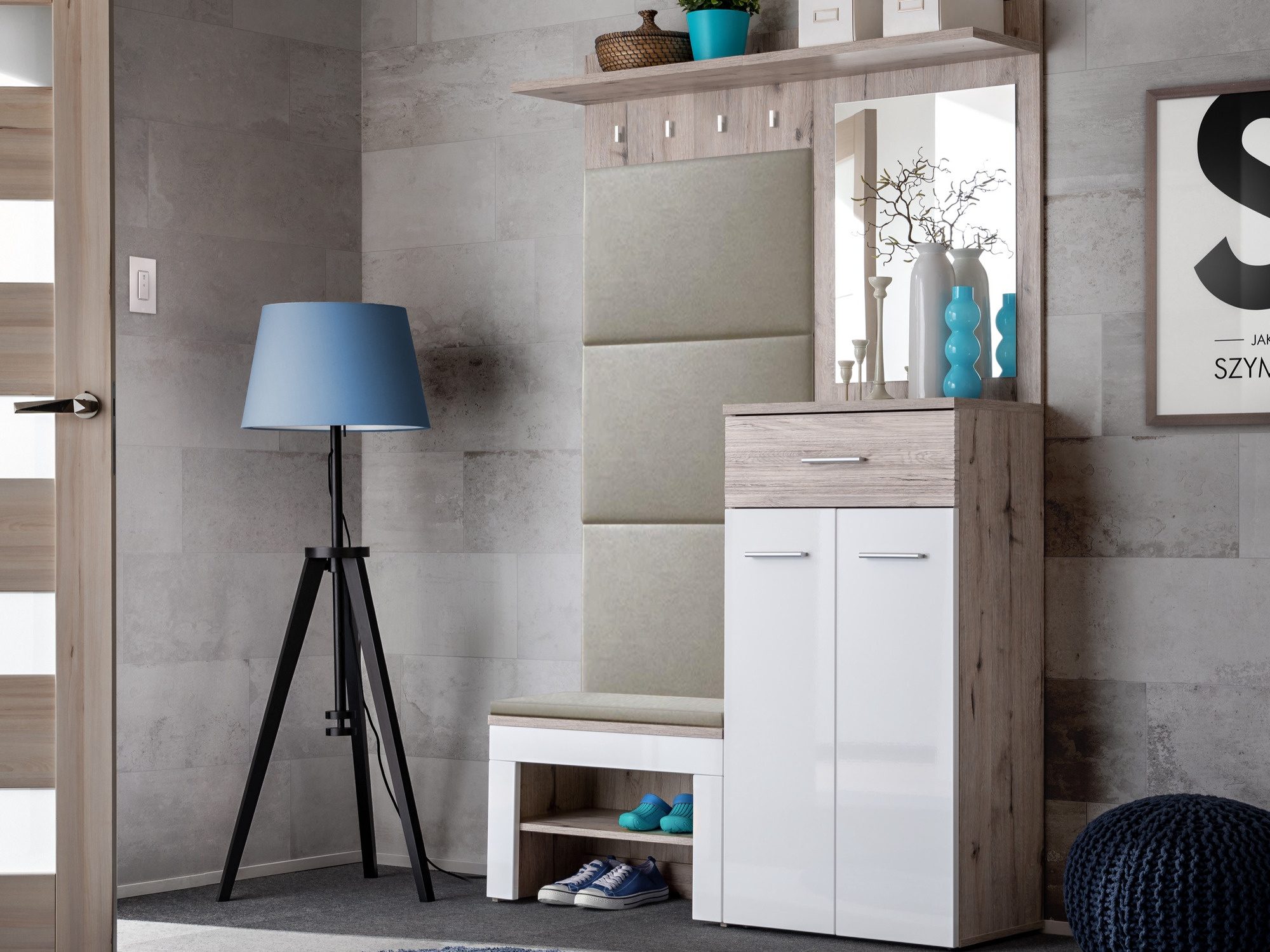 Garderobe mit Paneel, Spiegel und Kommode Melvoro 120 cm Wellington-Eiche Weiß