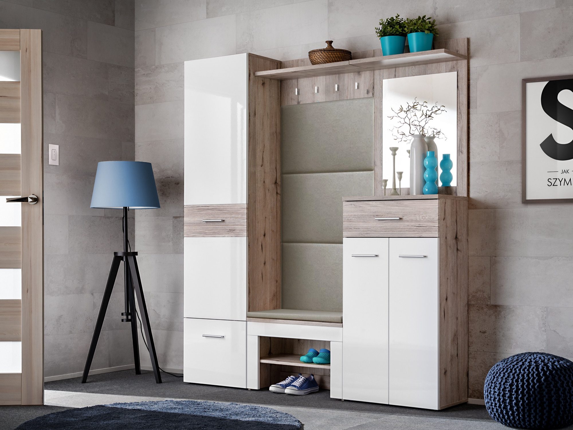 Garderobe Melvoro 170 cm mit Schrank, Paneel, Spiegel und Sitzkissen, Wellington Eiche Weiß