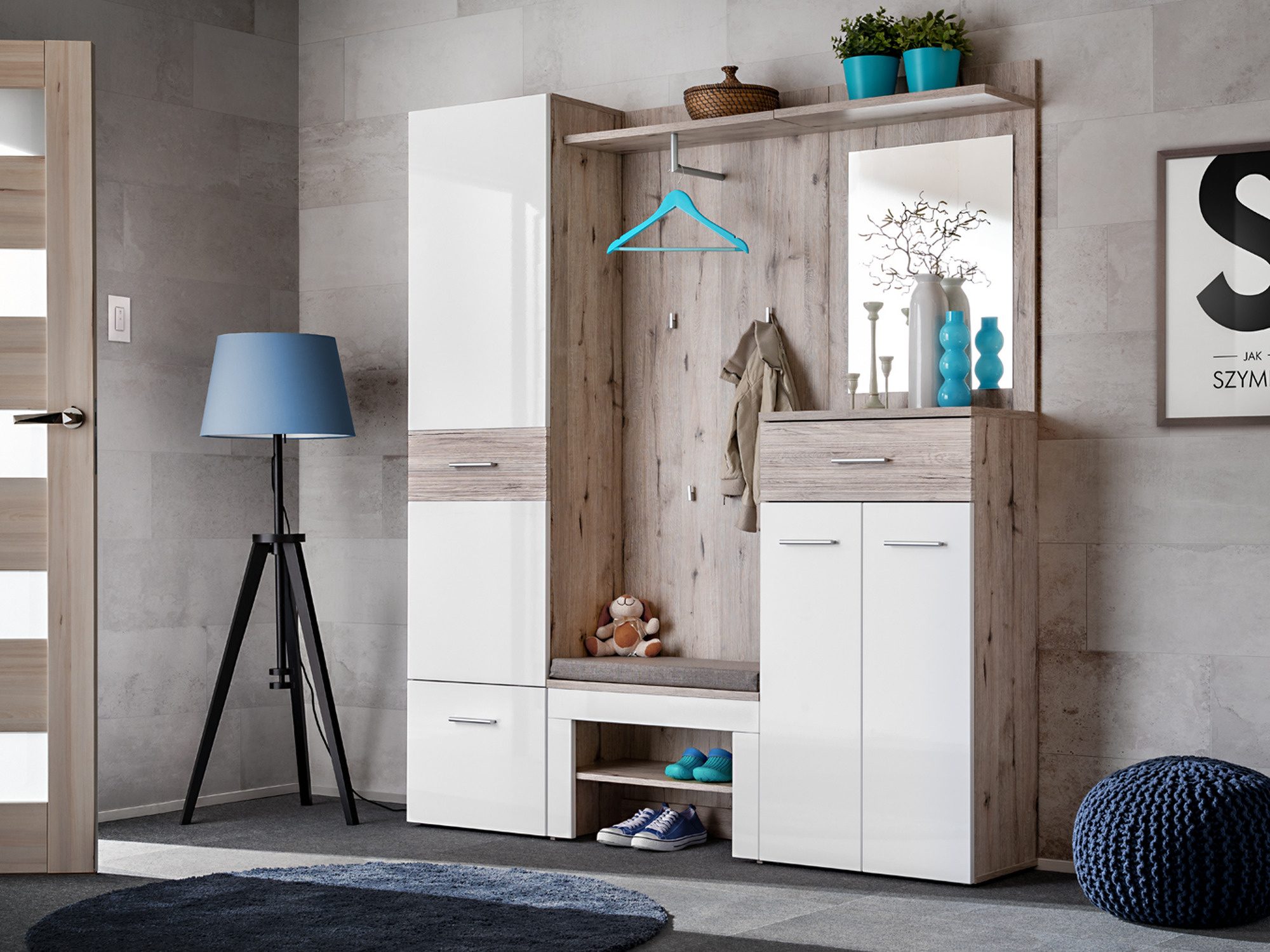 Garderobe mit Schrank und Sitzkissen Melvoro 170 cm, Eiche Wellington Weiß