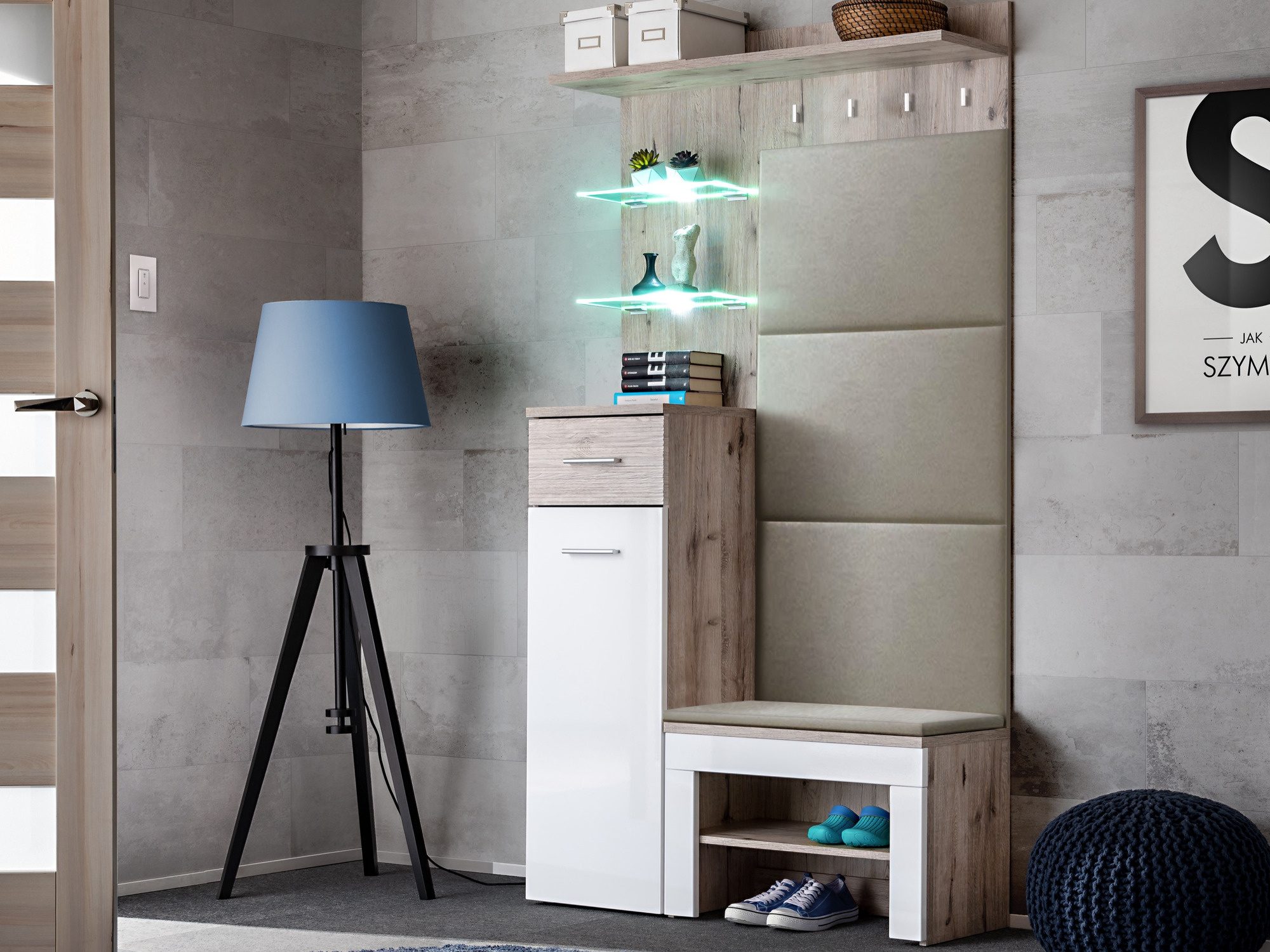 Garderobe mit Wandpaneel und LED Melvoro 100 cm Wellington Eiche Weiß