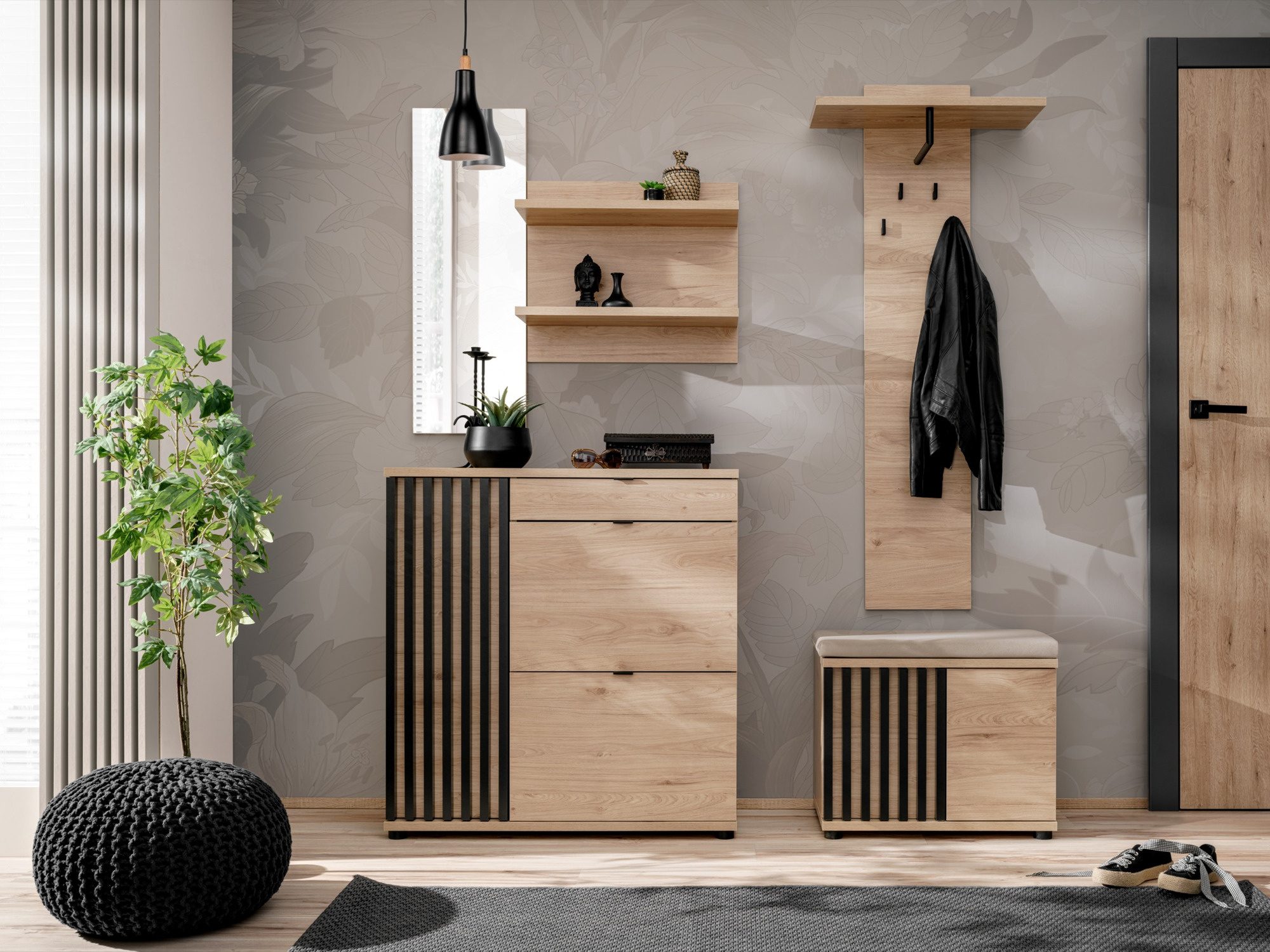Garderobe Pedrivo 160 cm Hickory Jackson mit Spiegel, Wandpaneel und Sitzkissen