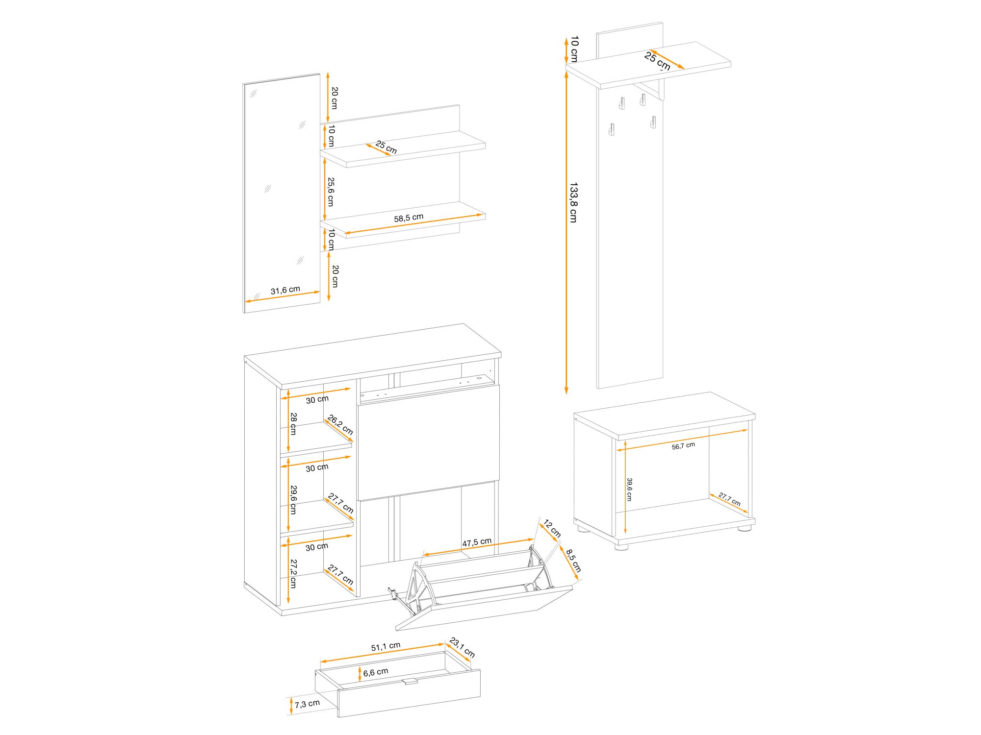Modulaufteilung der Garderobe Pedrivo 160 cm