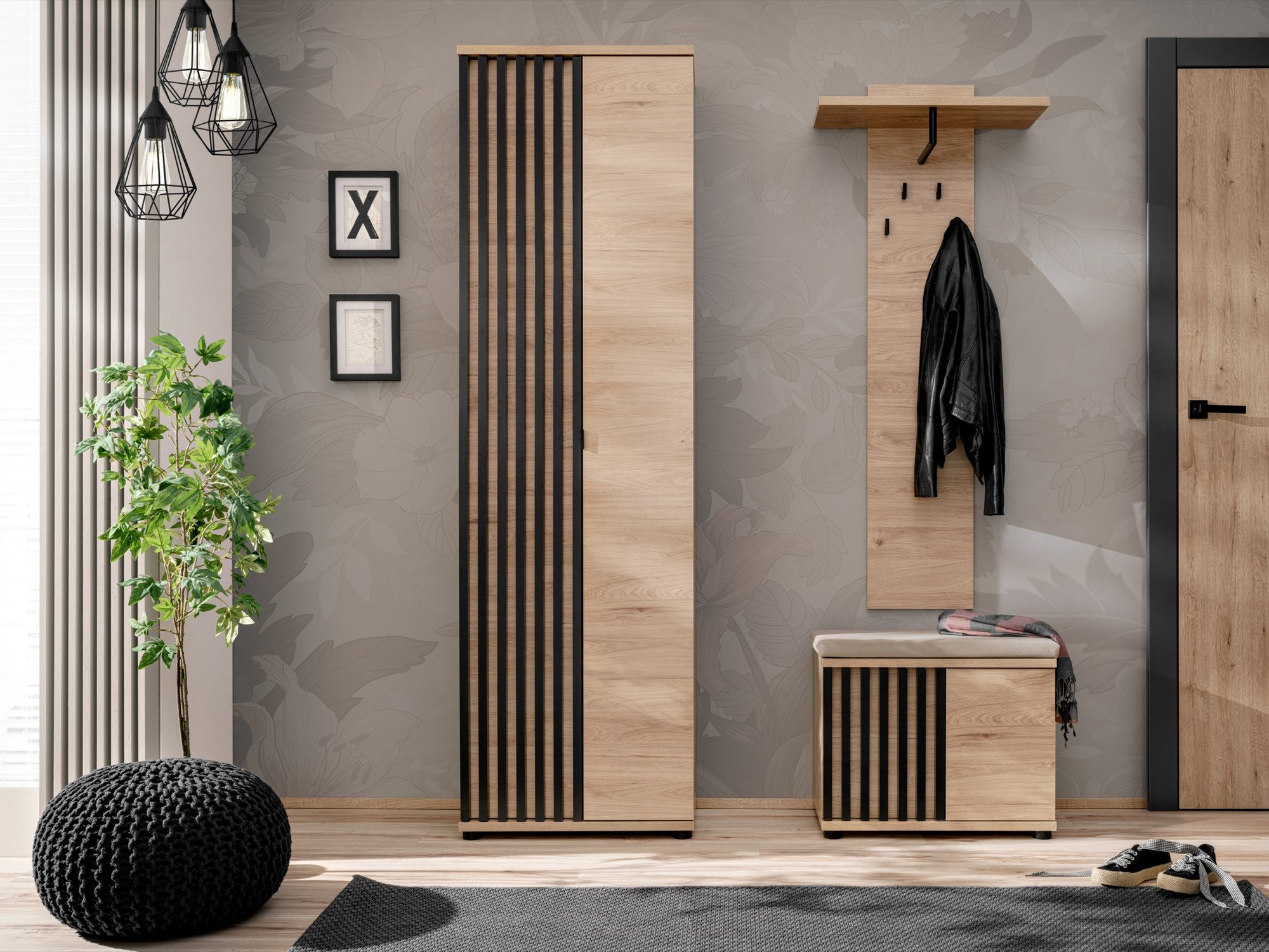 Garderobe mit Schrank, Wandpaneel und Sitzkissen Pedrivo 130 cm Hickory Jackson