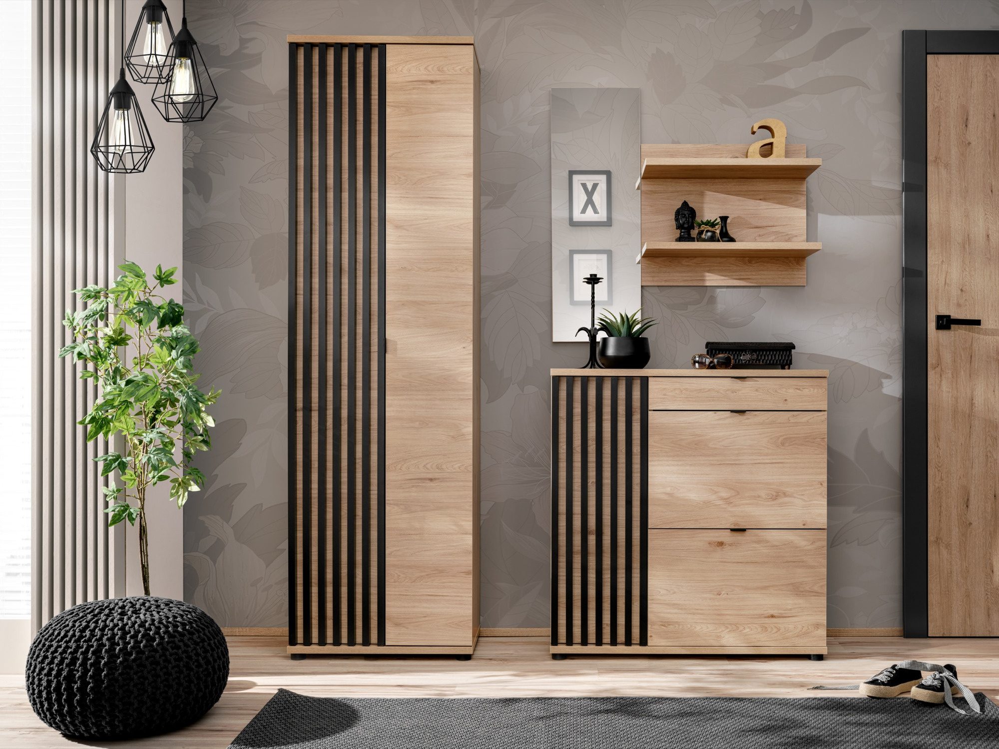 Garderoben-Set Pedrivo 160 cm Hickory Jackson mit Schrank, Spiegel und Kommode