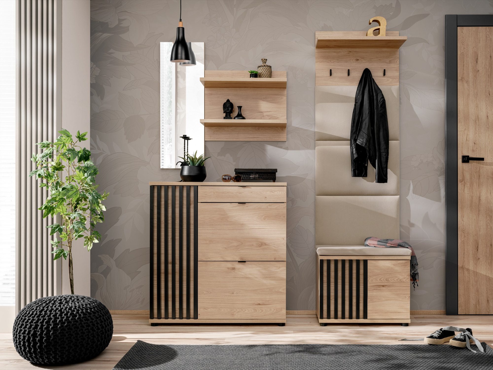 Předsíňová stěna se zrcadlem, čalouněným panelem a komodou Pedrivo 160 cm Hickory Jackson