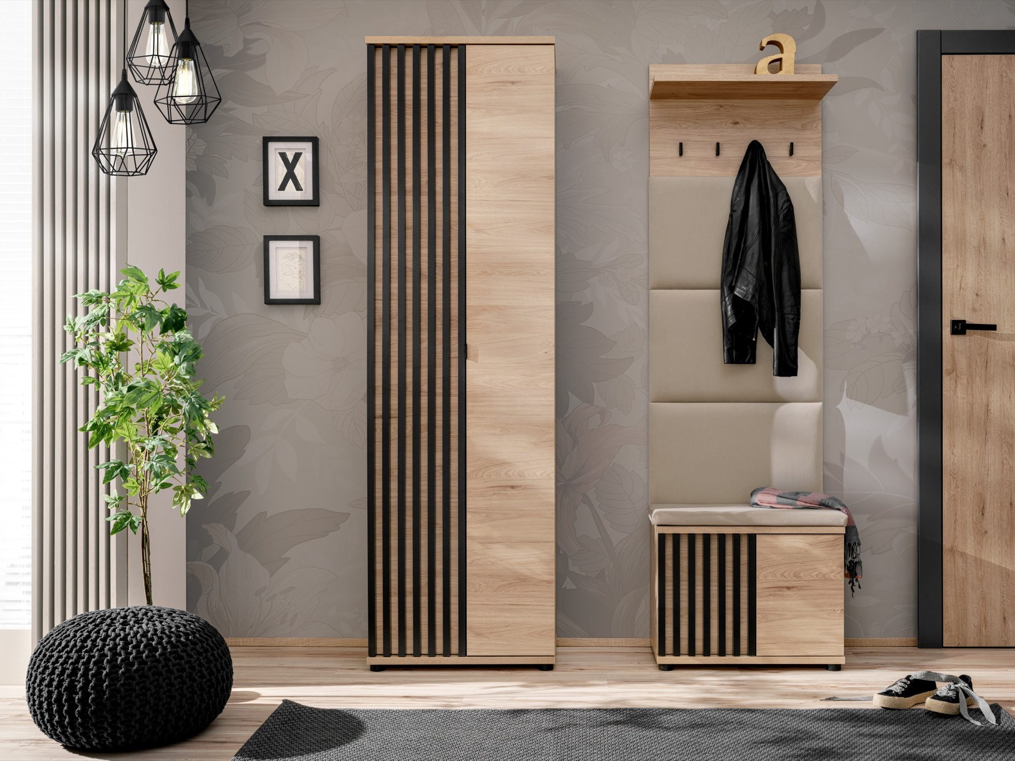 Garderobe mit Schrank, Paneel und Kissen Pedrivo 130 cm Hickory Jackson