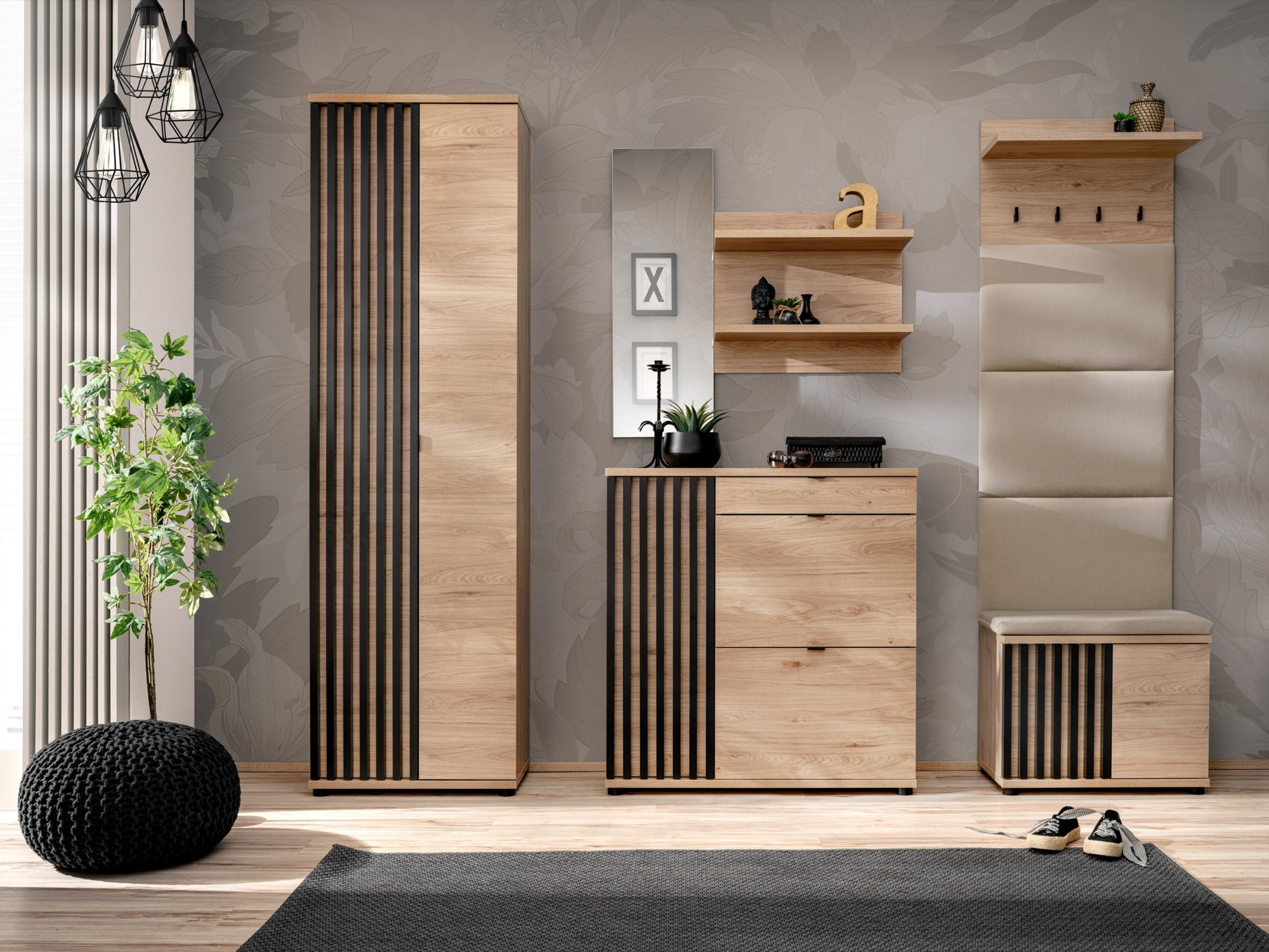 Garderoben-Set mit Schrank, Spiegel, Wandpaneel und Sitzkissen Pedrivo 230 cm Hickory Jackson