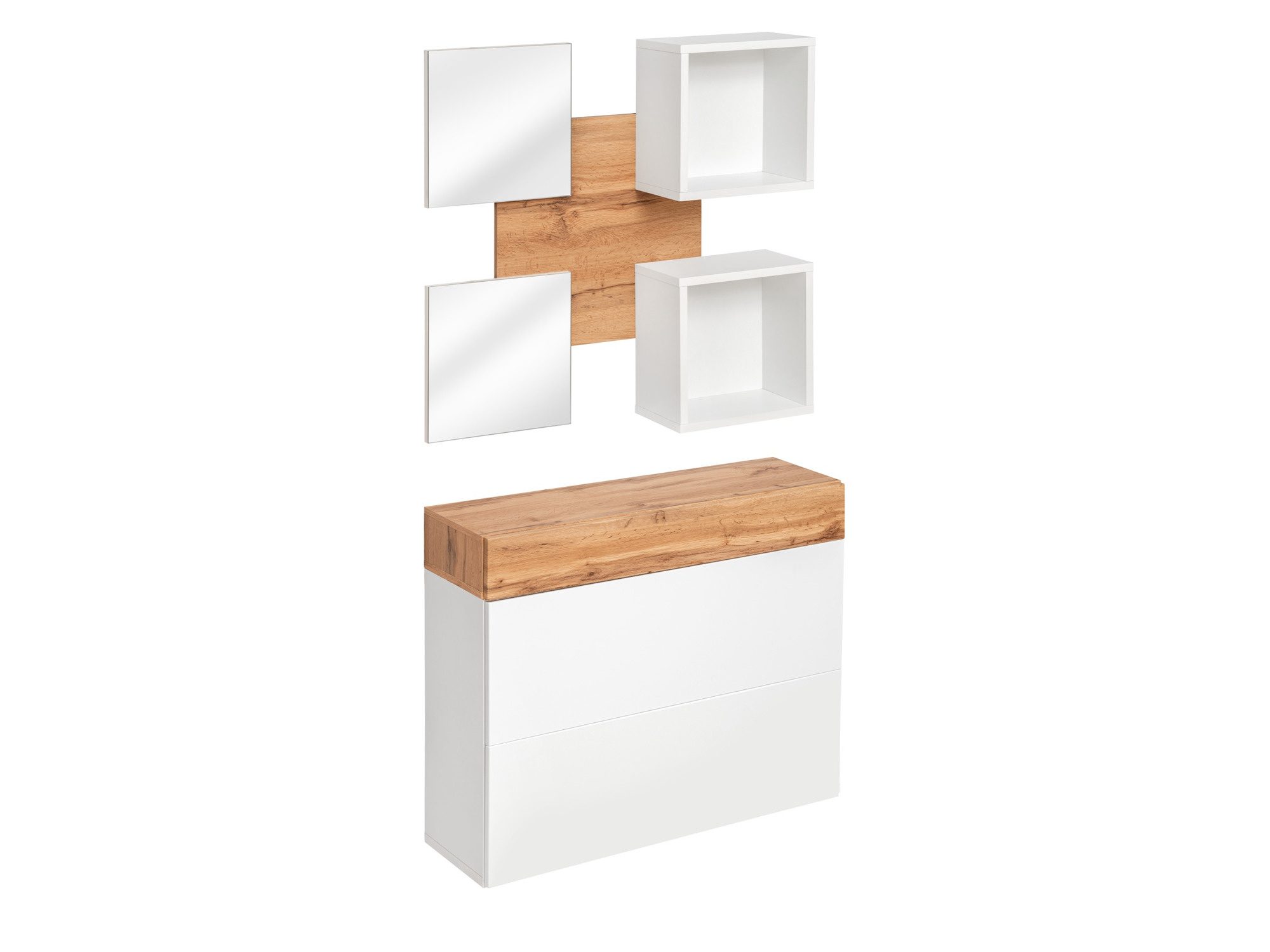 Schrank mit Holzdeckplatte, weißen Fronten, Regalböden und Spiegeln
