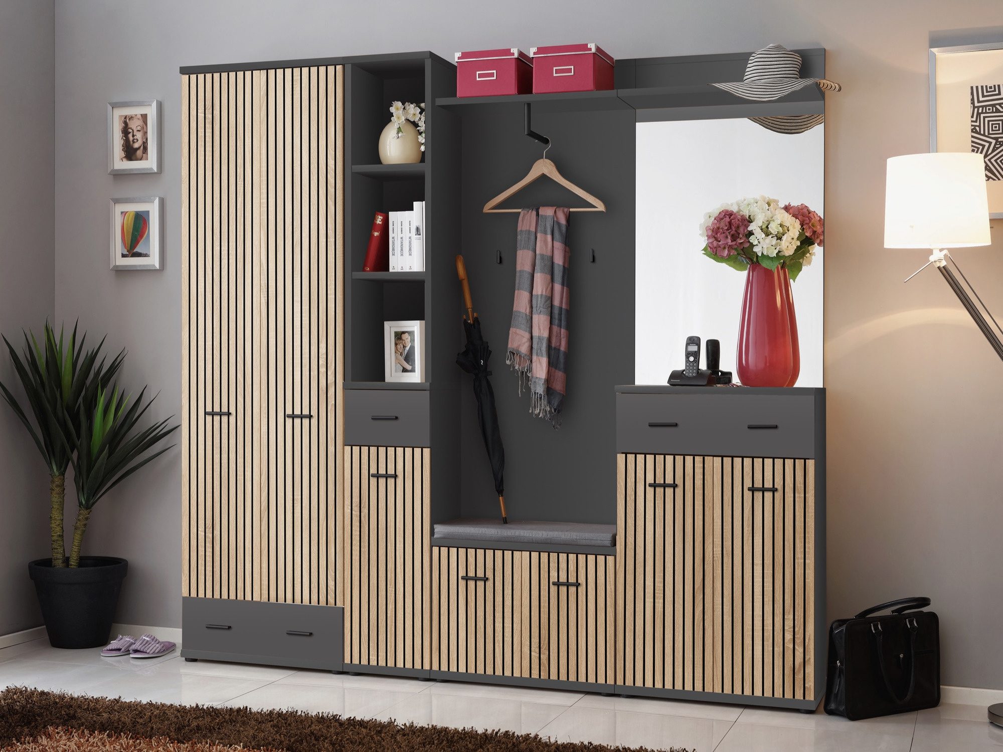 Předsíňová stěna se zrcadlem a sedákem Marivo 210 cm, antracit a dub artisan v předsíni