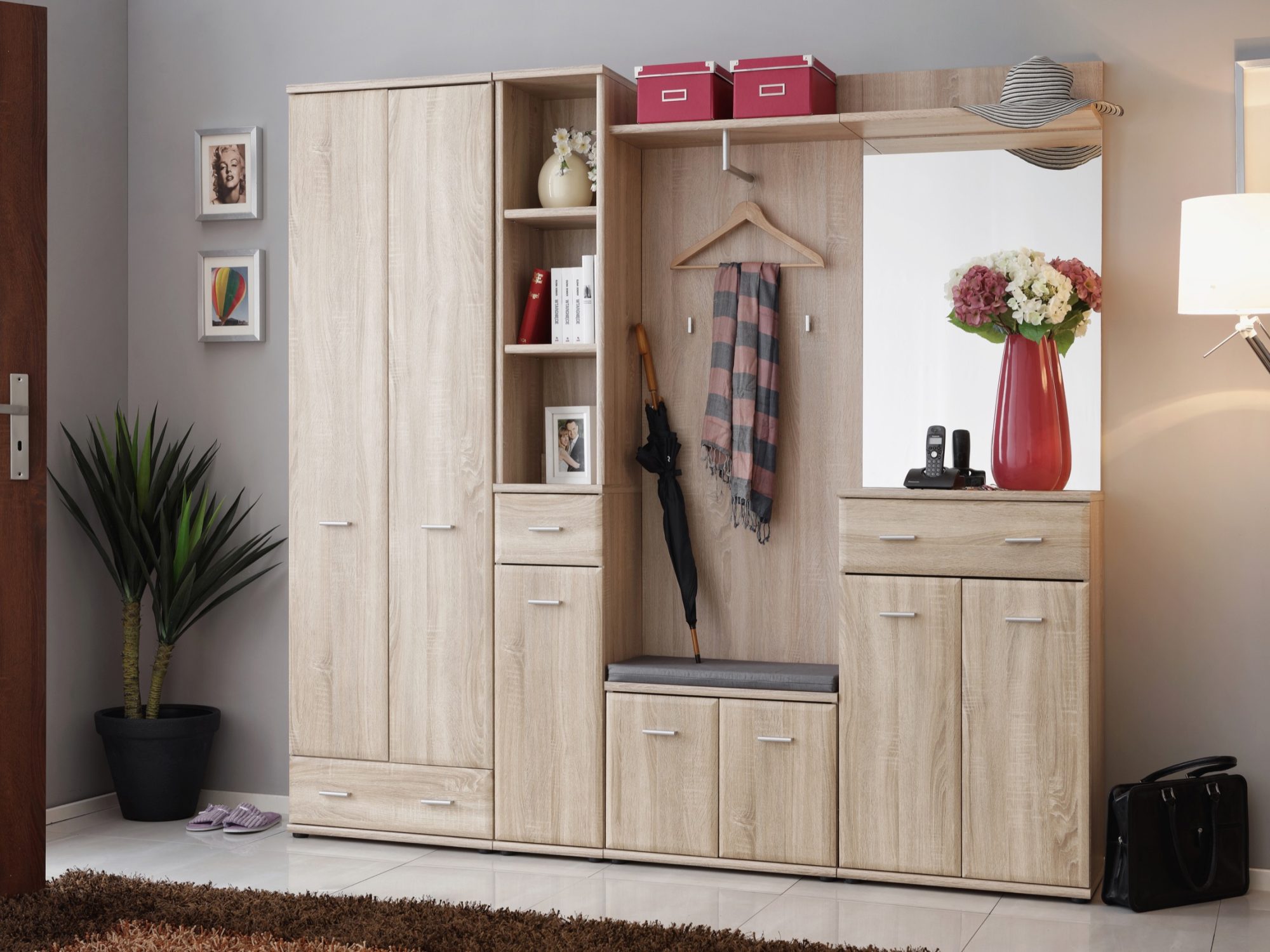 Garderobenset Arvello 210 cm Sonoma Eiche mit Schrank, Spiegel und Sitzbank im Flur