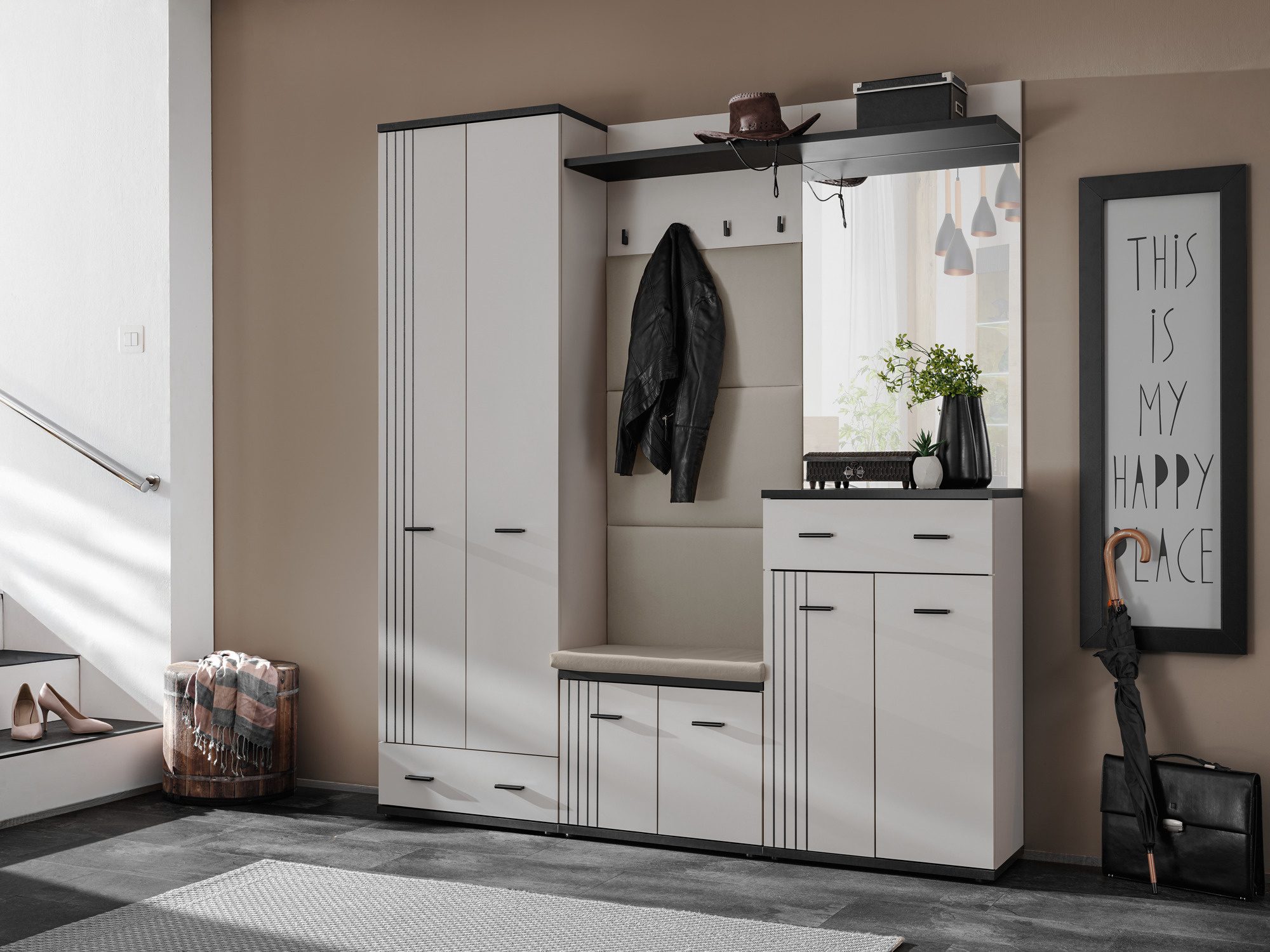 Předsíňová stěna se skříní, věšákovým panelem a zrcadlem Havoro 180 cm, kašmír / černá