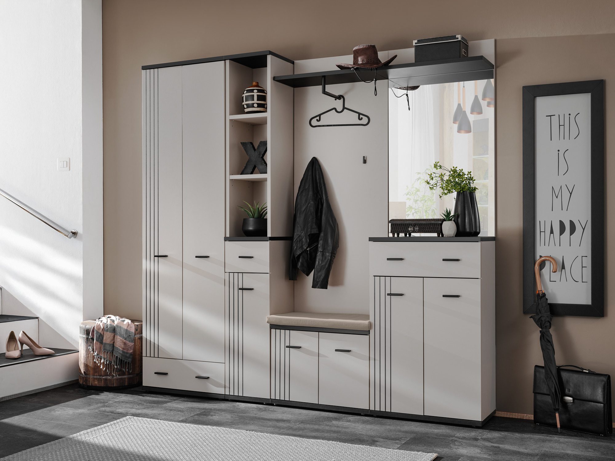 Garderoba z szafą regałem lustrem i poduszką Havoro 210 cm kaszmir czarny