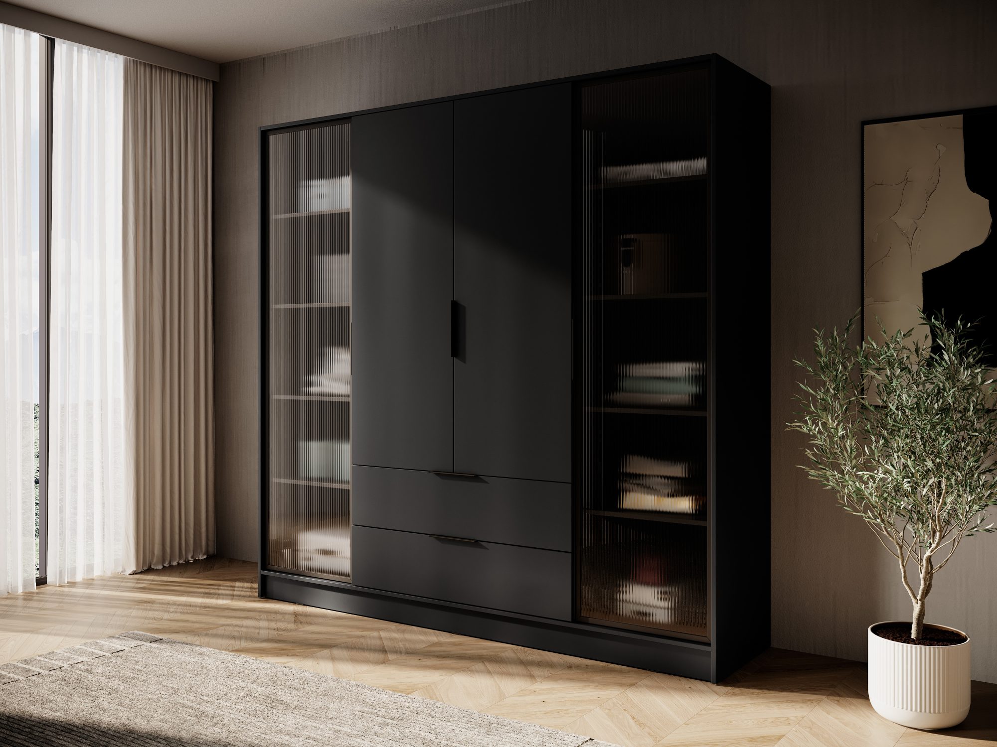 Schwarzer Kleiderschrank Kardena mit seitlichem Riffelglas in einem modernen Schlafzimmer