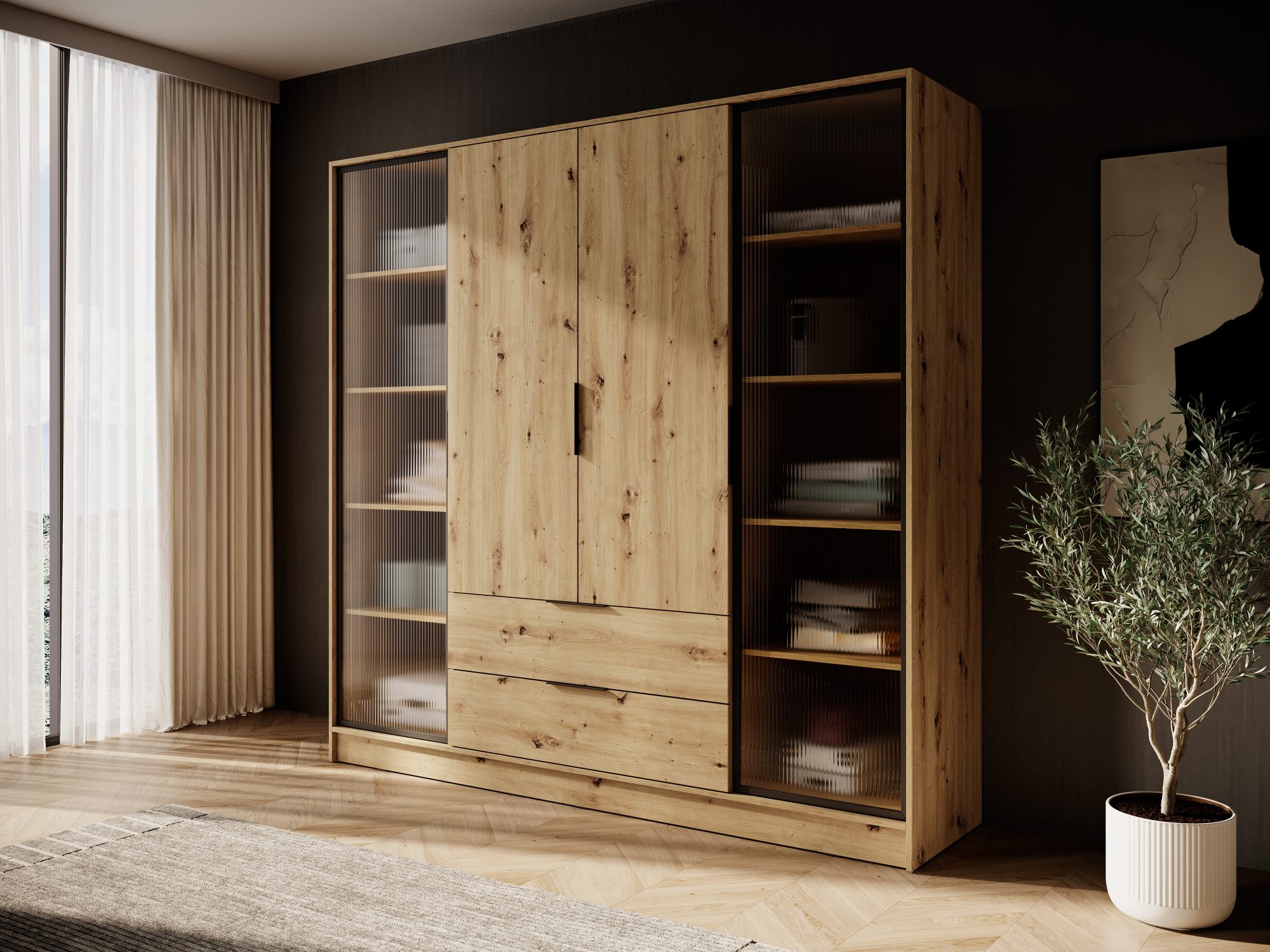 Kleiderschrank Kardena Artisan Eiche mit Glasseiten und Fronten in Holzoptik im Schlafzimmer