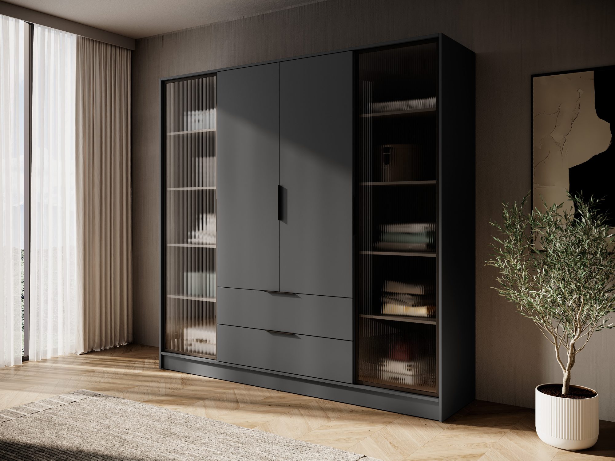 Kleiderschrank Kardena Graphit mit seitlichen Glaselementen im Schlafzimmerambiente