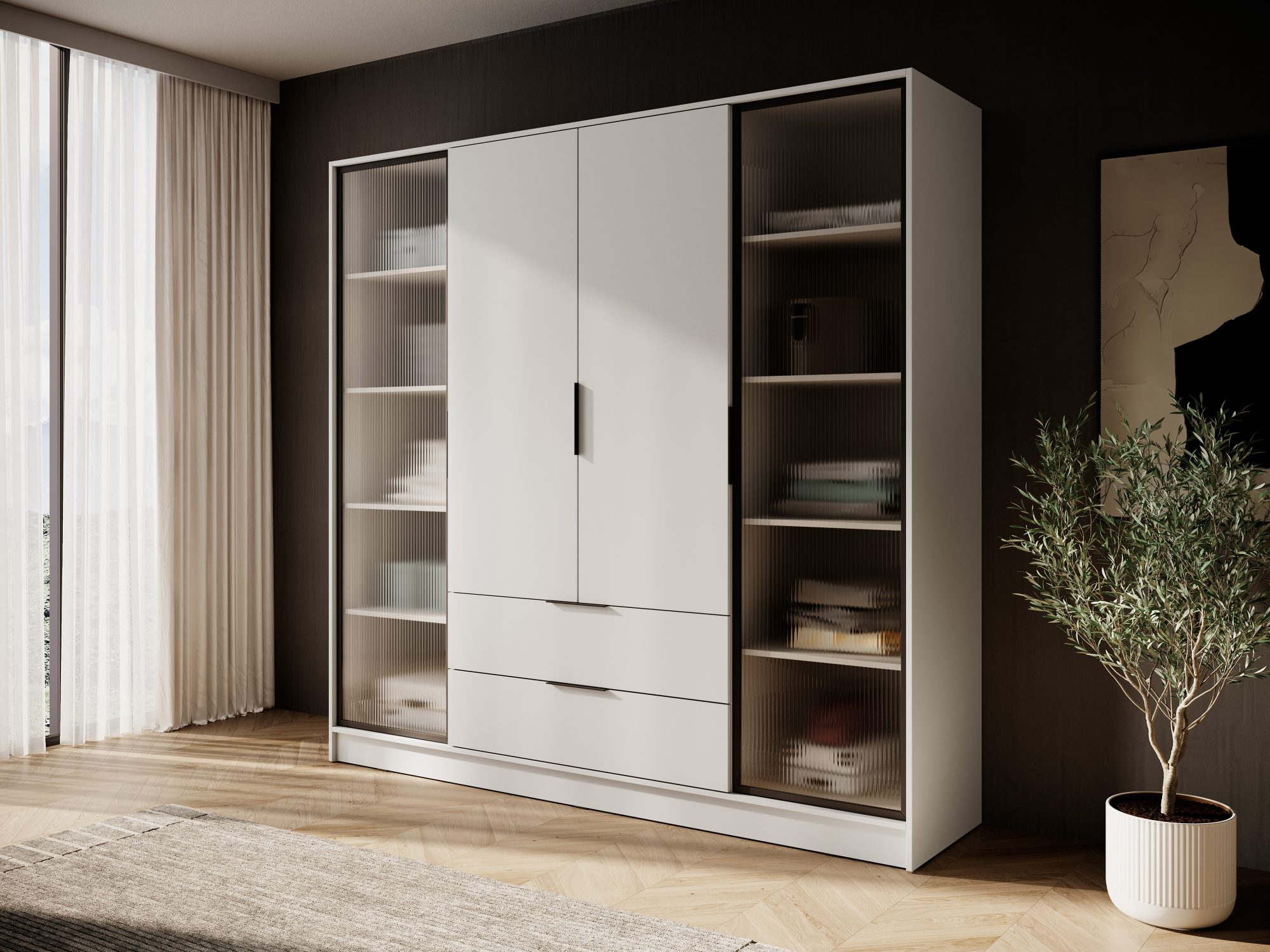Kleiderschrank Kardena Kaschmir mit seitlichen Glastüren im Schlafzimmerambiente