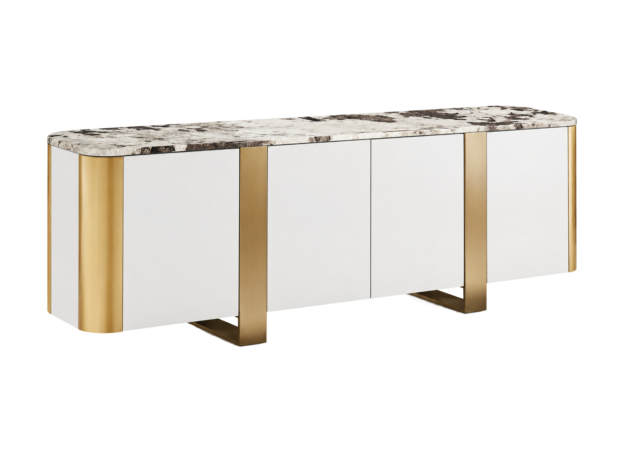 4-türiges Sideboard Eleganza 200 cm in Off-White mit goldenen Streifen und Marmorplatte in Schrägansicht